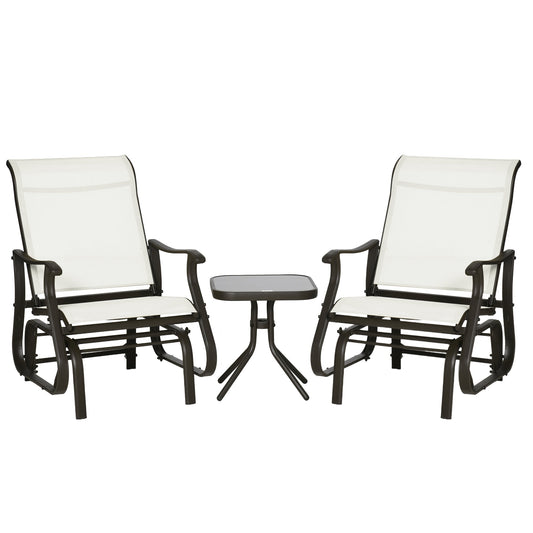 3PCs Glider Rocking Chairs with Table, Outdoor Gliders with Steel Frame, Mesh Seat, Tempered Glass Table Top for Patio, Garden, Backyard, Deck, Porch, Cream White