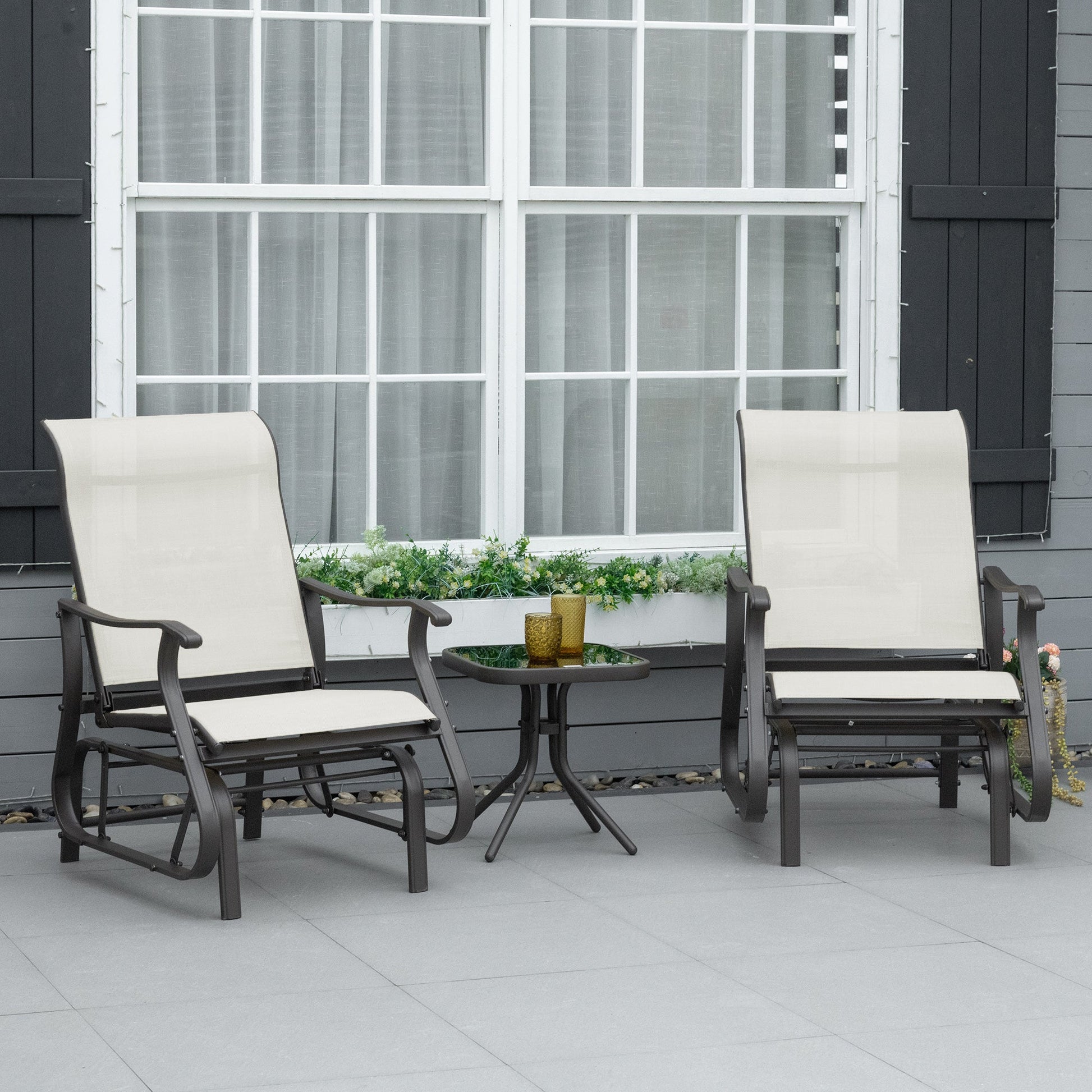 3PCs Glider Rocking Chairs with Table, Outdoor Gliders with Steel Frame, Mesh Seat, Tempered Glass Table Top for Patio, Garden, Backyard, Deck, Porch, Cream White