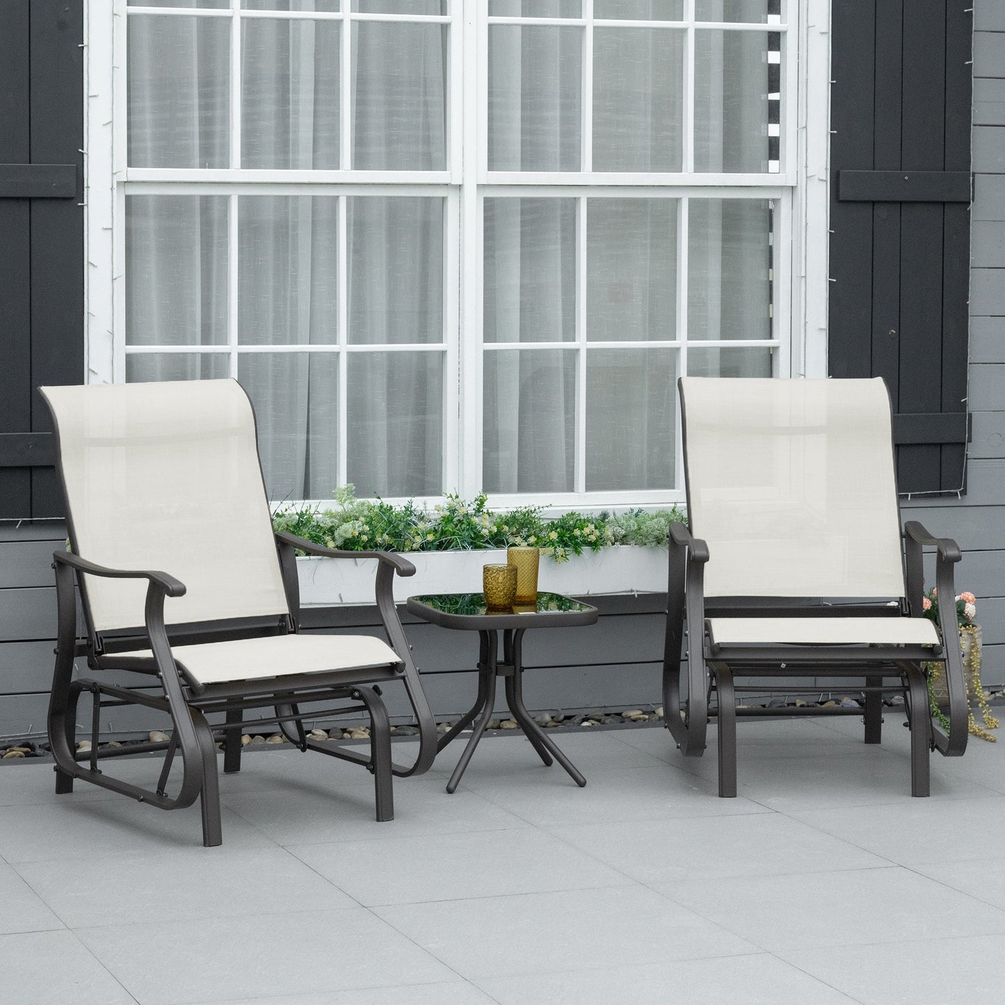 3PCs Glider Rocking Chairs with Table, Outdoor Gliders with Steel Frame, Mesh Seat, Tempered Glass Table Top for Patio, Garden, Backyard, Deck, Porch, Cream White
