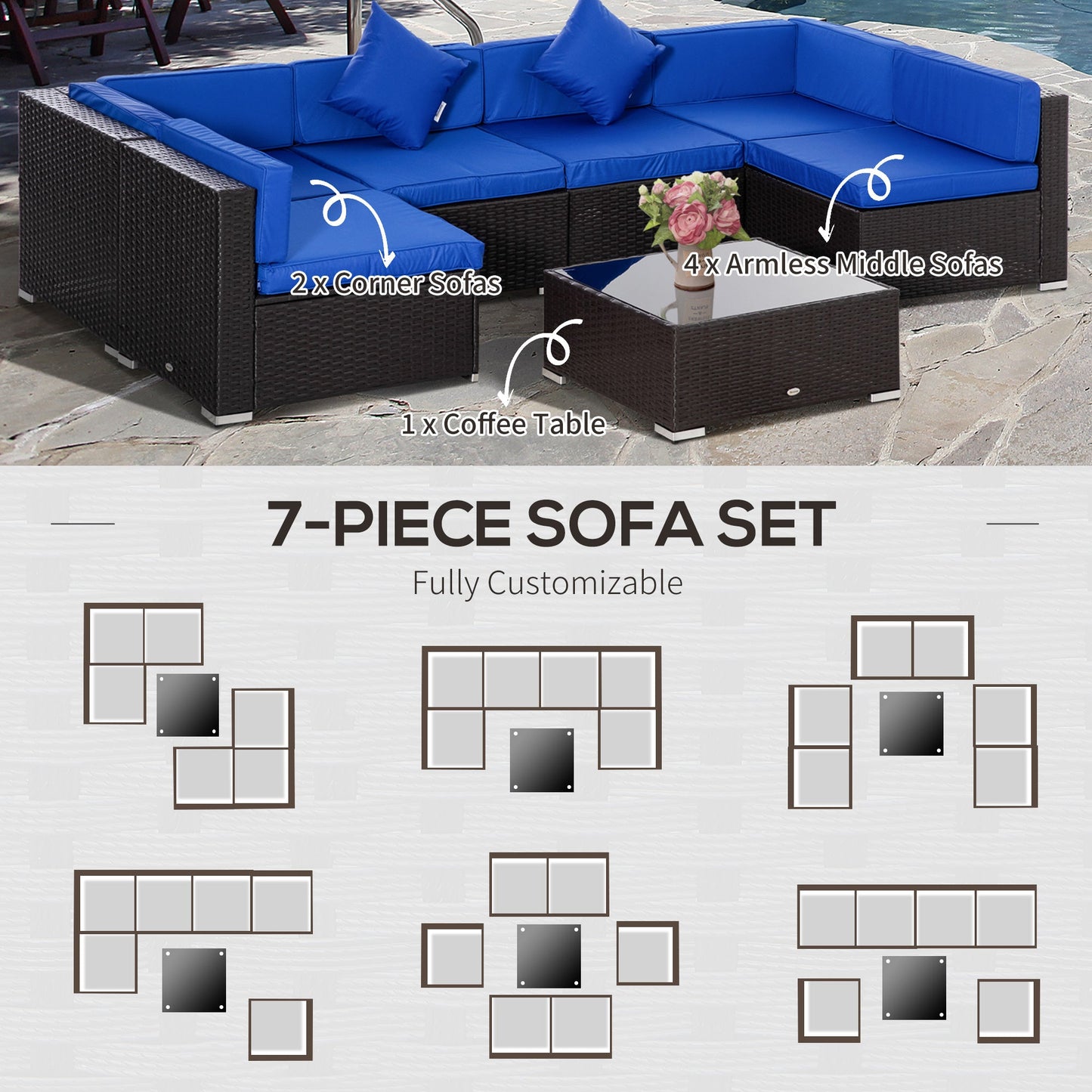 7 Piece Patio Furniture Set, PE Rattan Outdoor Conversation Set with Sectional Sofa, Glass Tabletop, Cushions and Pillows for Garden, Lawn, Deck, Dark Brown and Blue