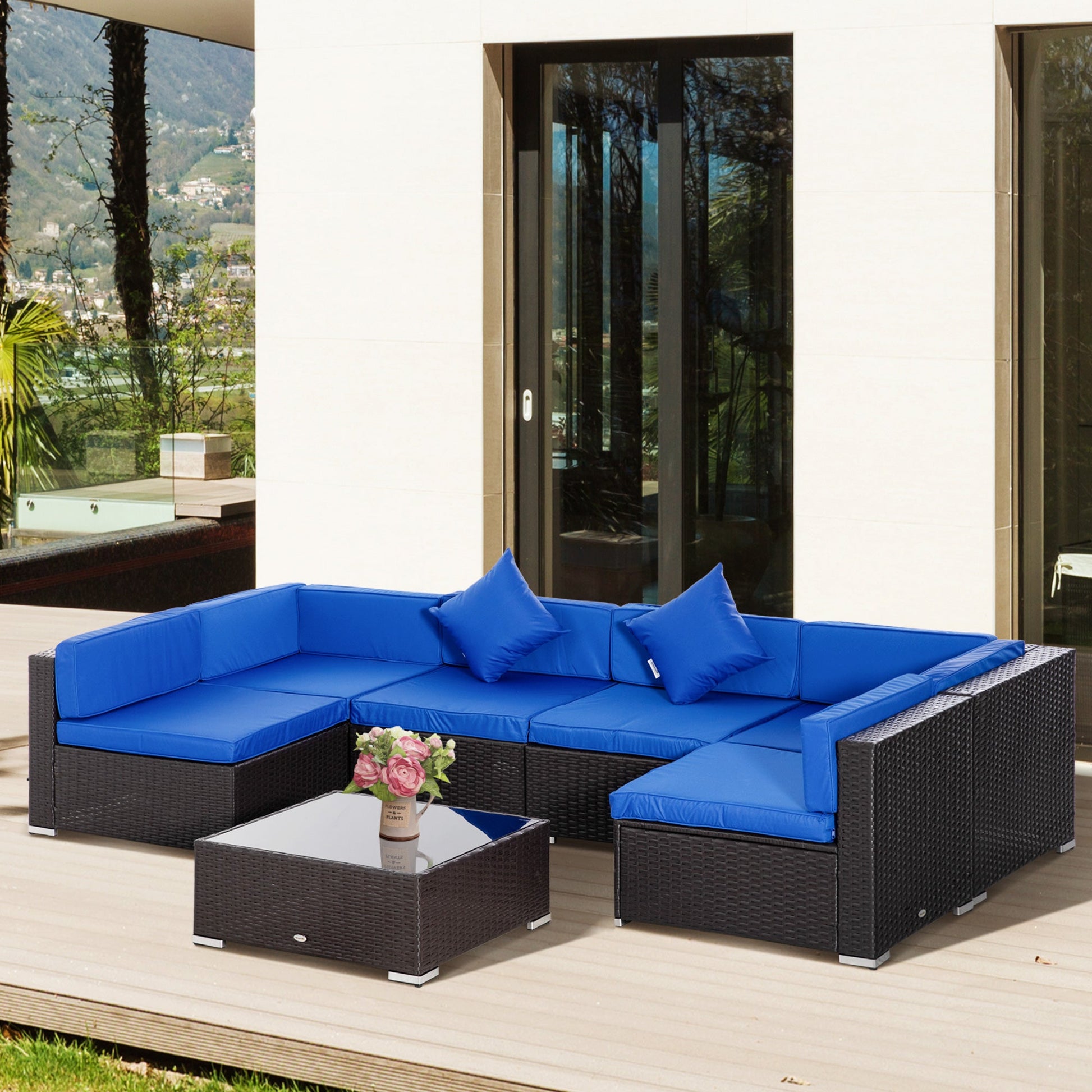 7 Piece Patio Furniture Set, PE Rattan Outdoor Conversation Set with Sectional Sofa, Glass Tabletop, Cushions and Pillows for Garden, Lawn, Deck, Dark Brown and Blue