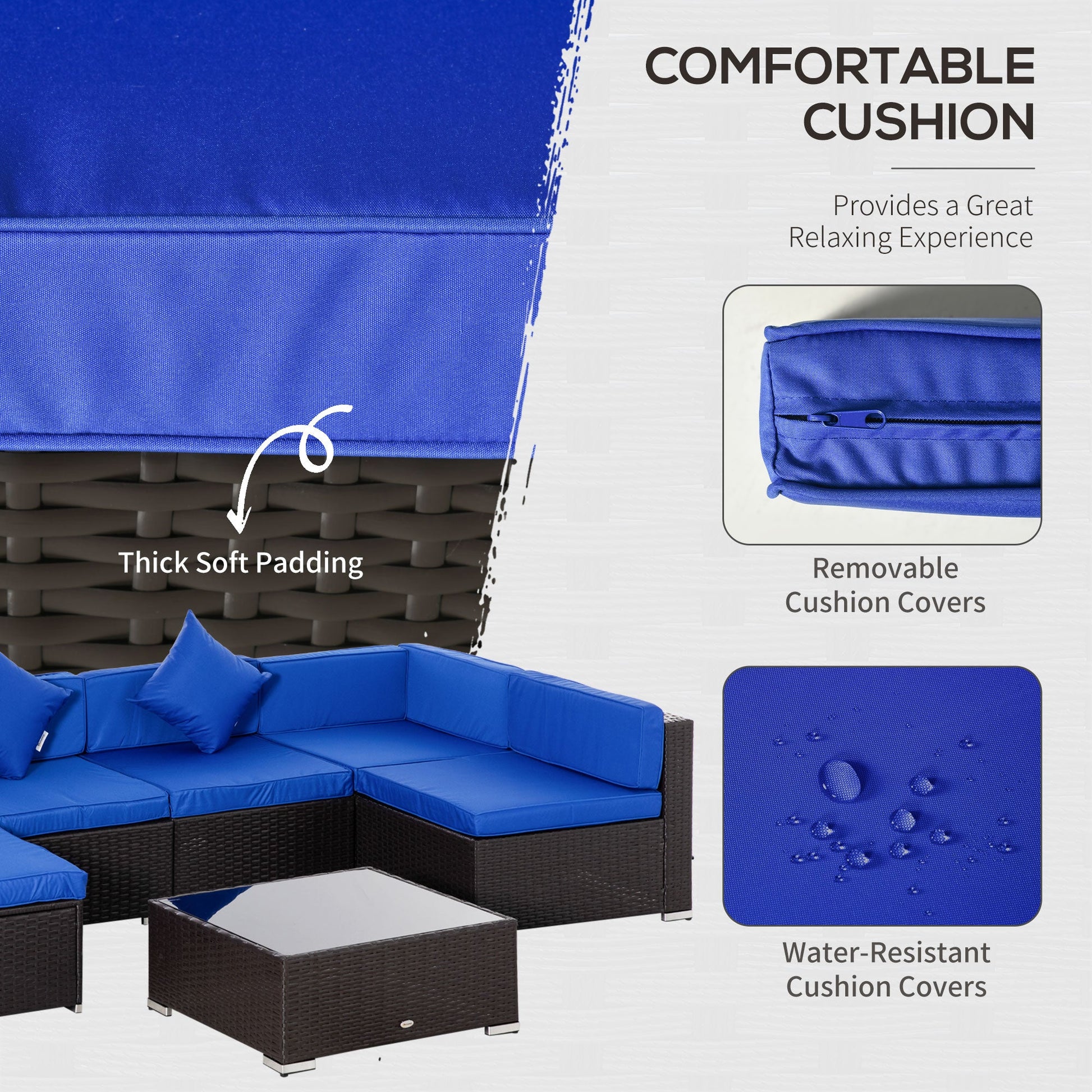 7 Piece Patio Furniture Set, PE Rattan Outdoor Conversation Set with Sectional Sofa, Glass Tabletop, Cushions and Pillows for Garden, Lawn, Deck, Dark Brown and Blue