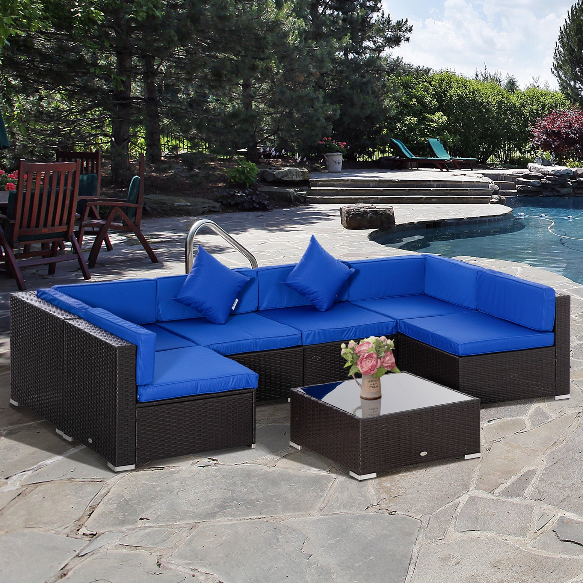 7 Piece Patio Furniture Set, PE Rattan Outdoor Conversation Set with Sectional Sofa, Glass Tabletop, Cushions and Pillows for Garden, Lawn, Deck, Dark Brown and Blue