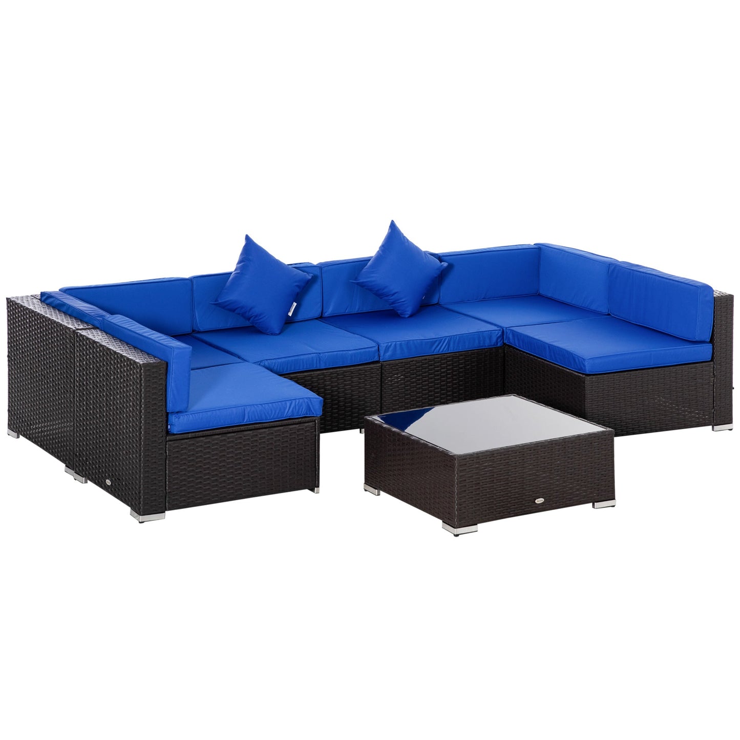 7 Piece Patio Furniture Set, PE Rattan Outdoor Conversation Set with Sectional Sofa, Glass Tabletop, Cushions and Pillows for Garden, Lawn, Deck, Dark Brown and Blue