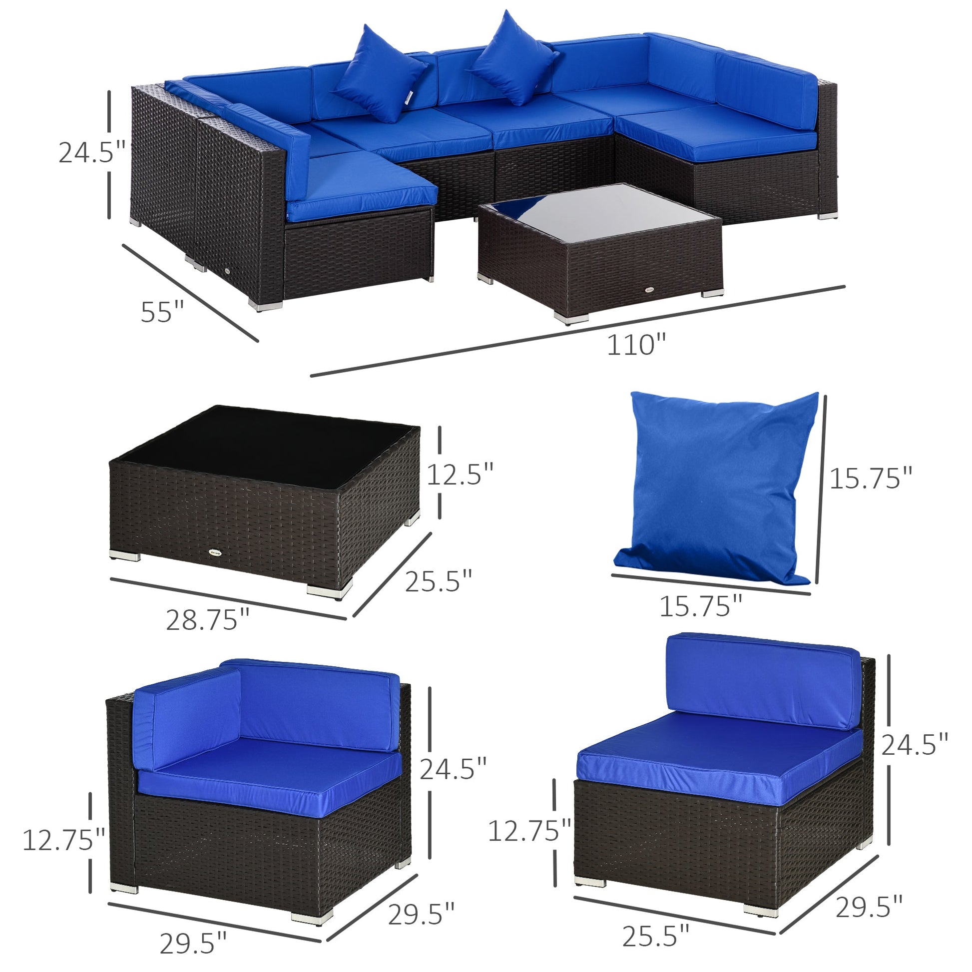 7 Piece Patio Furniture Set, PE Rattan Outdoor Conversation Set with Sectional Sofa, Glass Tabletop, Cushions and Pillows for Garden, Lawn, Deck, Dark Brown and Blue