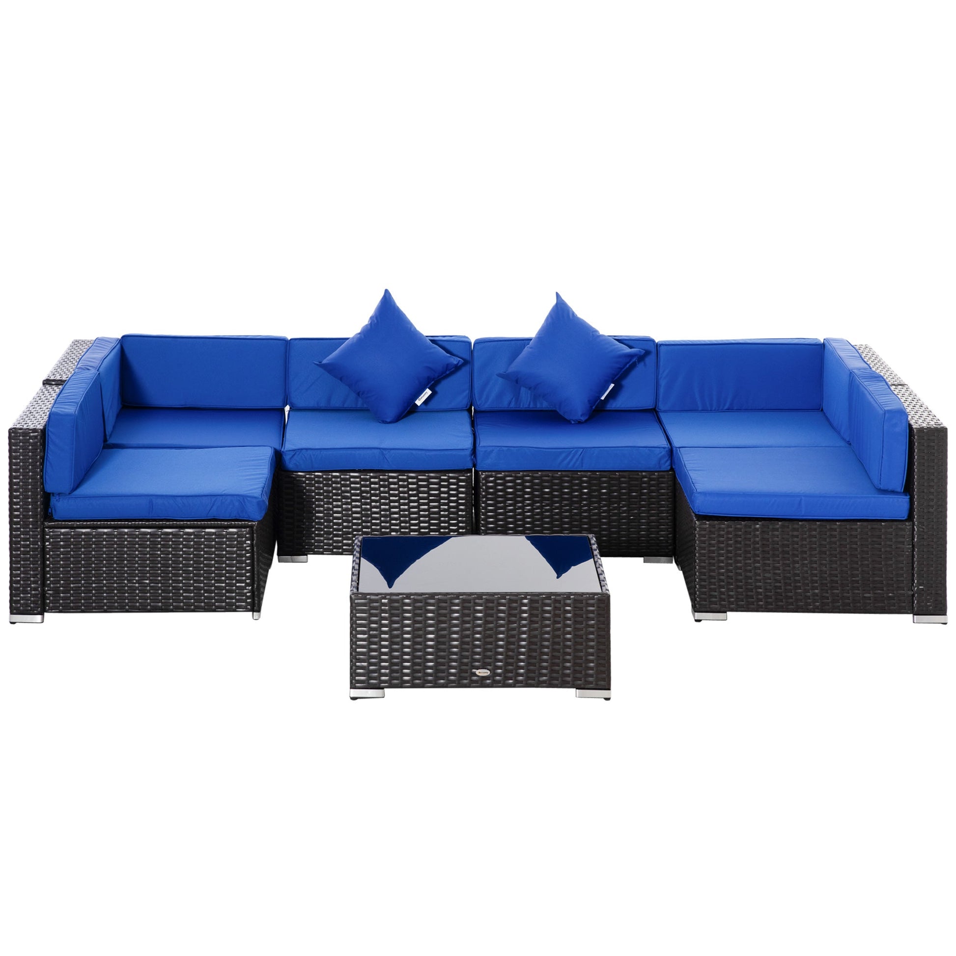 7 Piece Patio Furniture Set, PE Rattan Outdoor Conversation Set with Sectional Sofa, Glass Tabletop, Cushions and Pillows for Garden, Lawn, Deck, Dark Brown and Blue