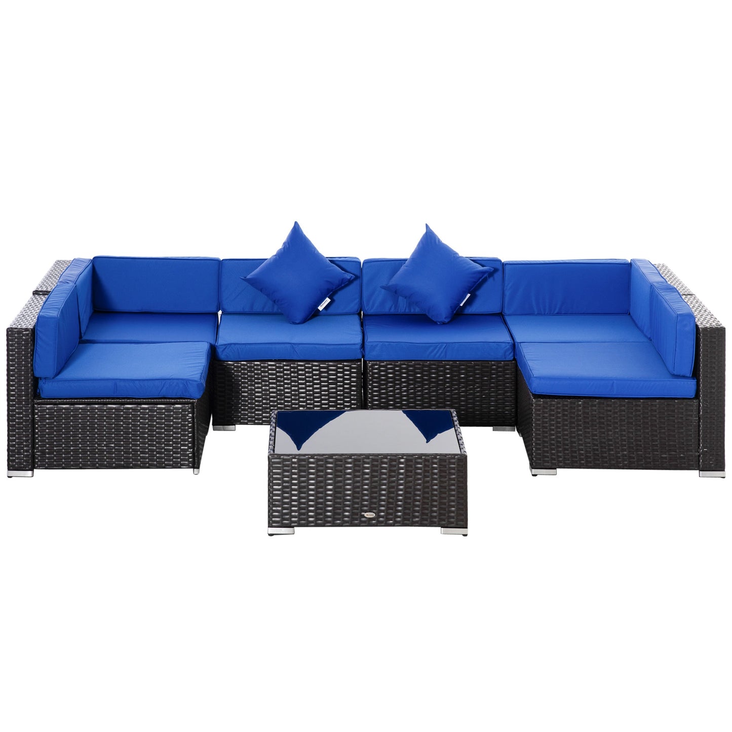7 Piece Patio Furniture Set, PE Rattan Outdoor Conversation Set with Sectional Sofa, Glass Tabletop, Cushions and Pillows for Garden, Lawn, Deck, Dark Brown and Blue