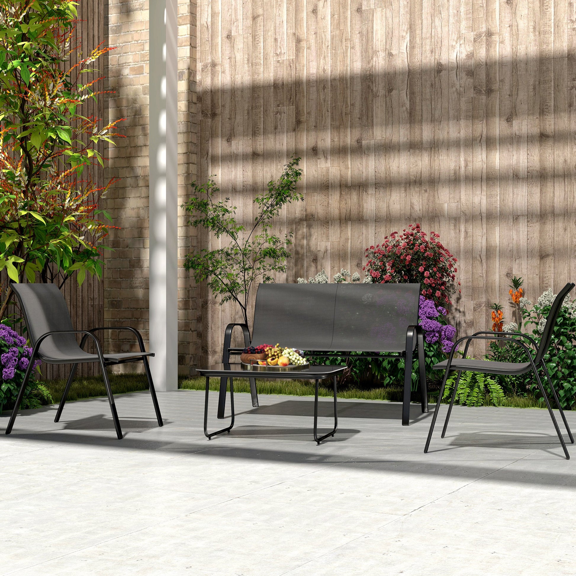 4 Pieces Patio Furniture Set with 2 Stackable Chairs and Loveseat, Outdoor Conversation Set with Glass Coffee Table, Mesh Fabric, Steel Frame for Backyard, Garden, Black