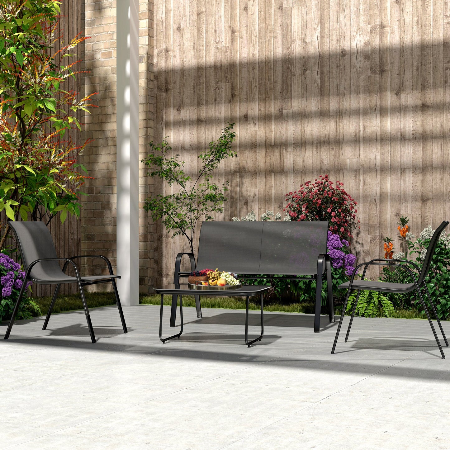 4 Pieces Patio Furniture Set with 2 Stackable Chairs and Loveseat, Outdoor Conversation Set with Glass Coffee Table, Mesh Fabric, Steel Frame for Backyard, Garden, Black