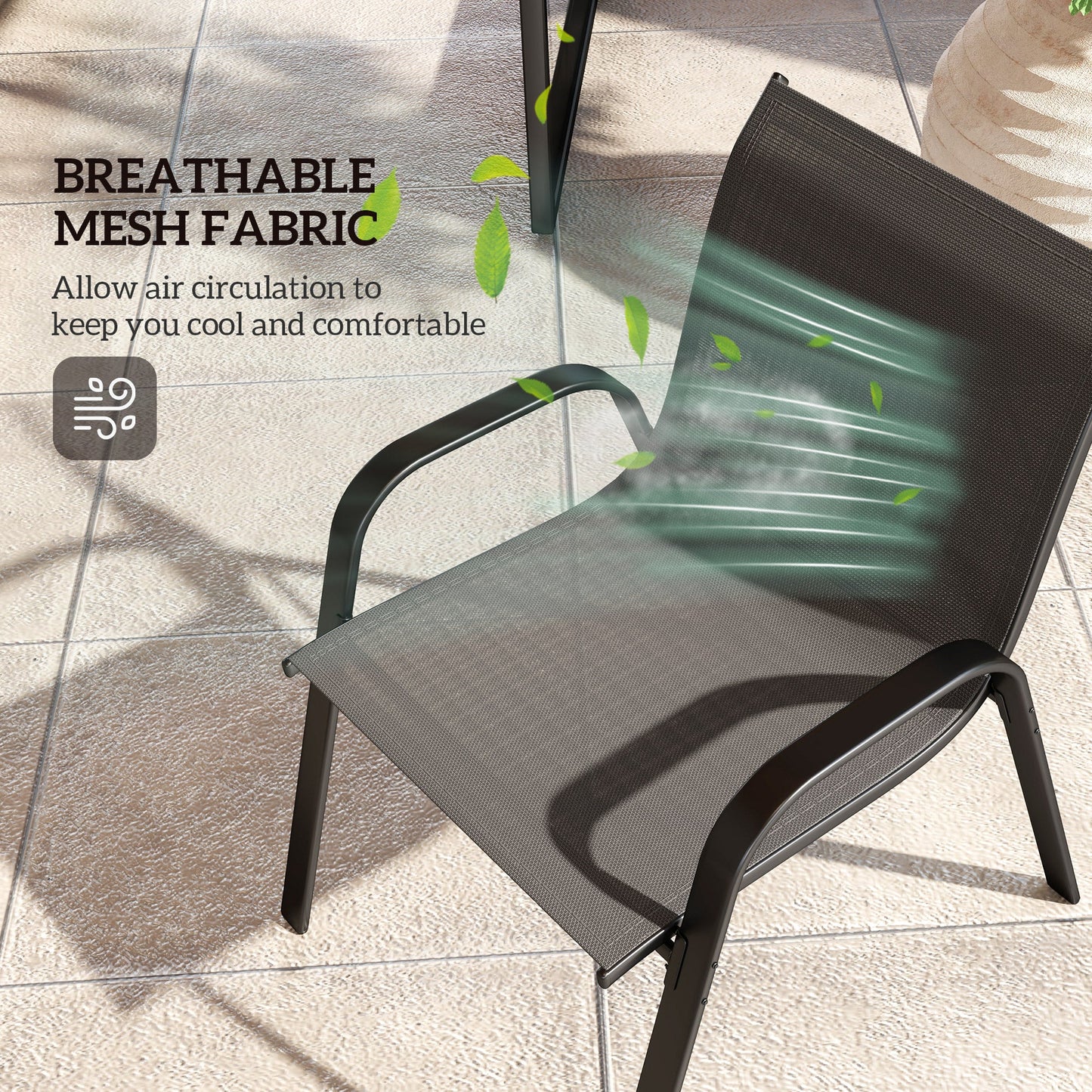 4 Pieces Patio Furniture Set with 2 Stackable Chairs and Loveseat, Outdoor Conversation Set with Glass Coffee Table, Mesh Fabric, Steel Frame for Backyard, Garden, Black
