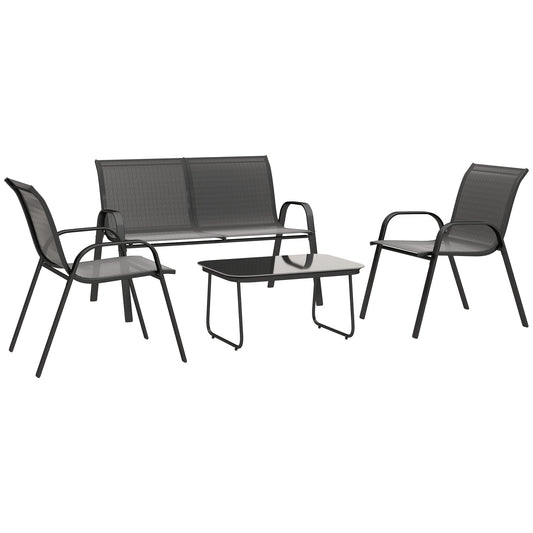 4 Pieces Patio Furniture Set with 2 Stackable Chairs and Loveseat, Outdoor Conversation Set with Glass Coffee Table, Mesh Fabric, Steel Frame for Backyard, Garden, Black