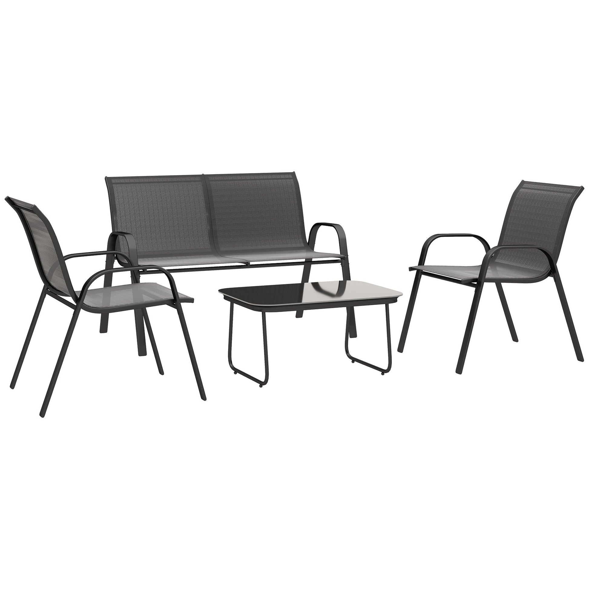 4 Pieces Patio Furniture Set with 2 Stackable Chairs and Loveseat, Outdoor Conversation Set with Glass Coffee Table, Mesh Fabric, Steel Frame for Backyard, Garden, Black
