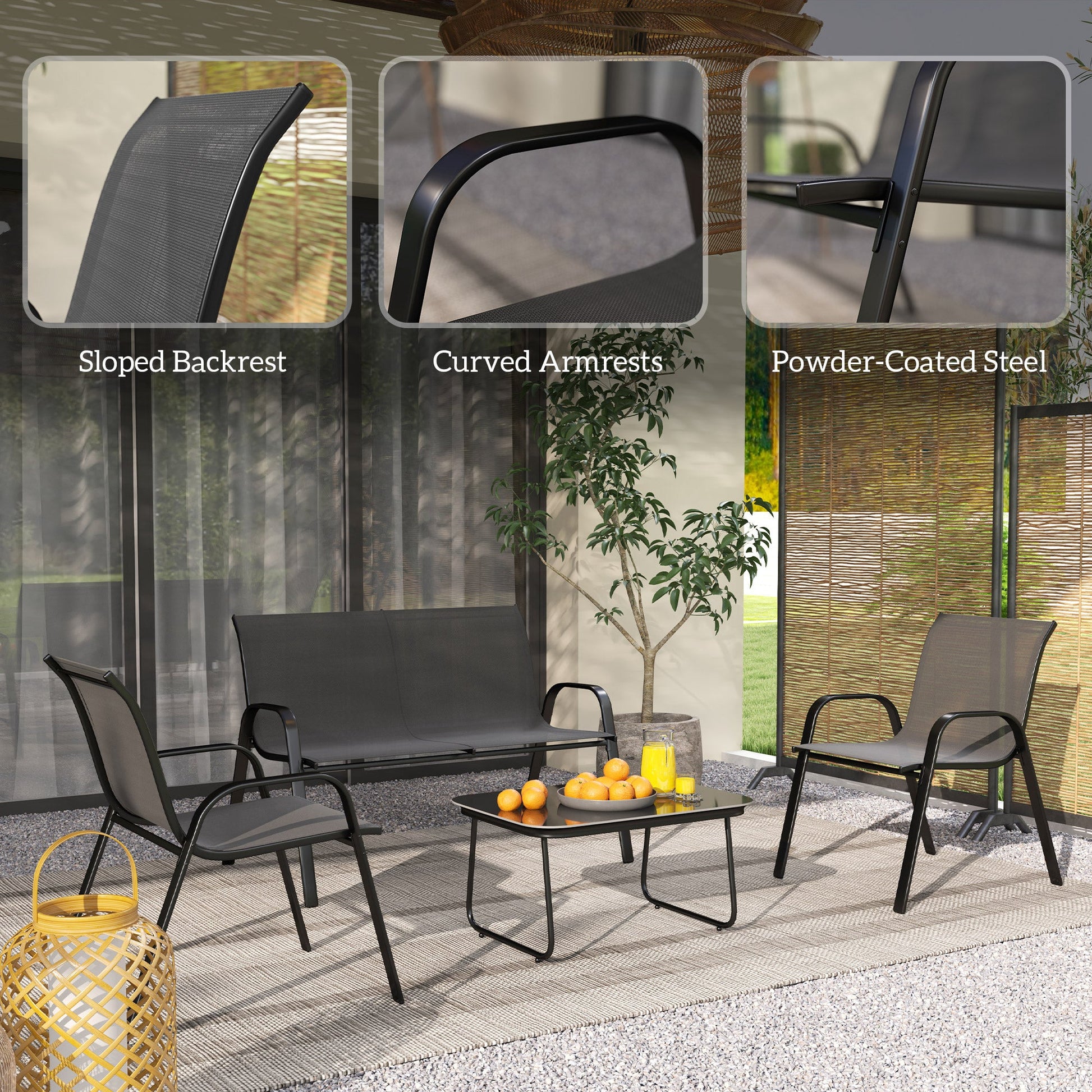 4 Pieces Patio Furniture Set with 2 Stackable Chairs and Loveseat, Outdoor Conversation Set with Glass Coffee Table, Mesh Fabric, Steel Frame for Backyard, Garden, Black
