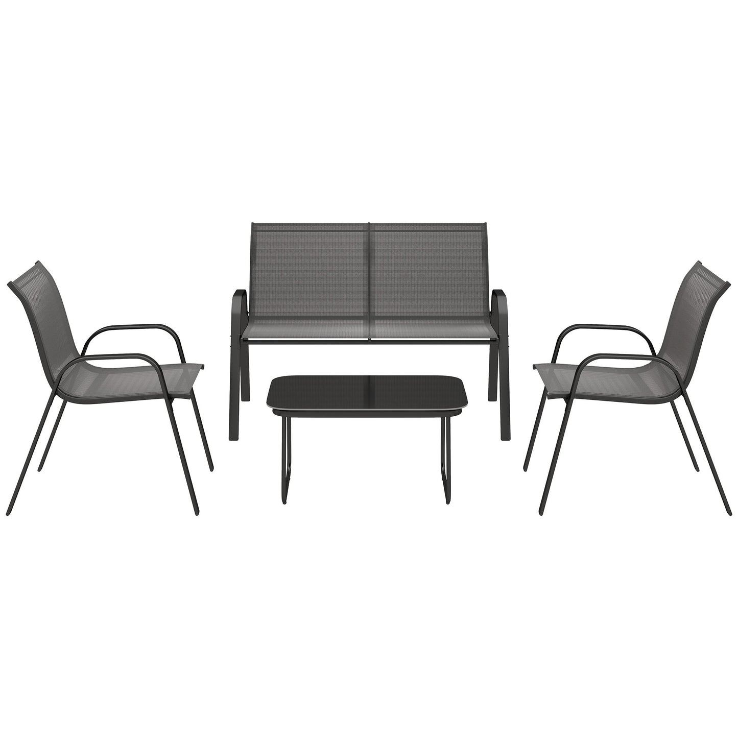 4 Pieces Patio Furniture Set with 2 Stackable Chairs and Loveseat, Outdoor Conversation Set with Glass Coffee Table, Mesh Fabric, Steel Frame for Backyard, Garden, Black