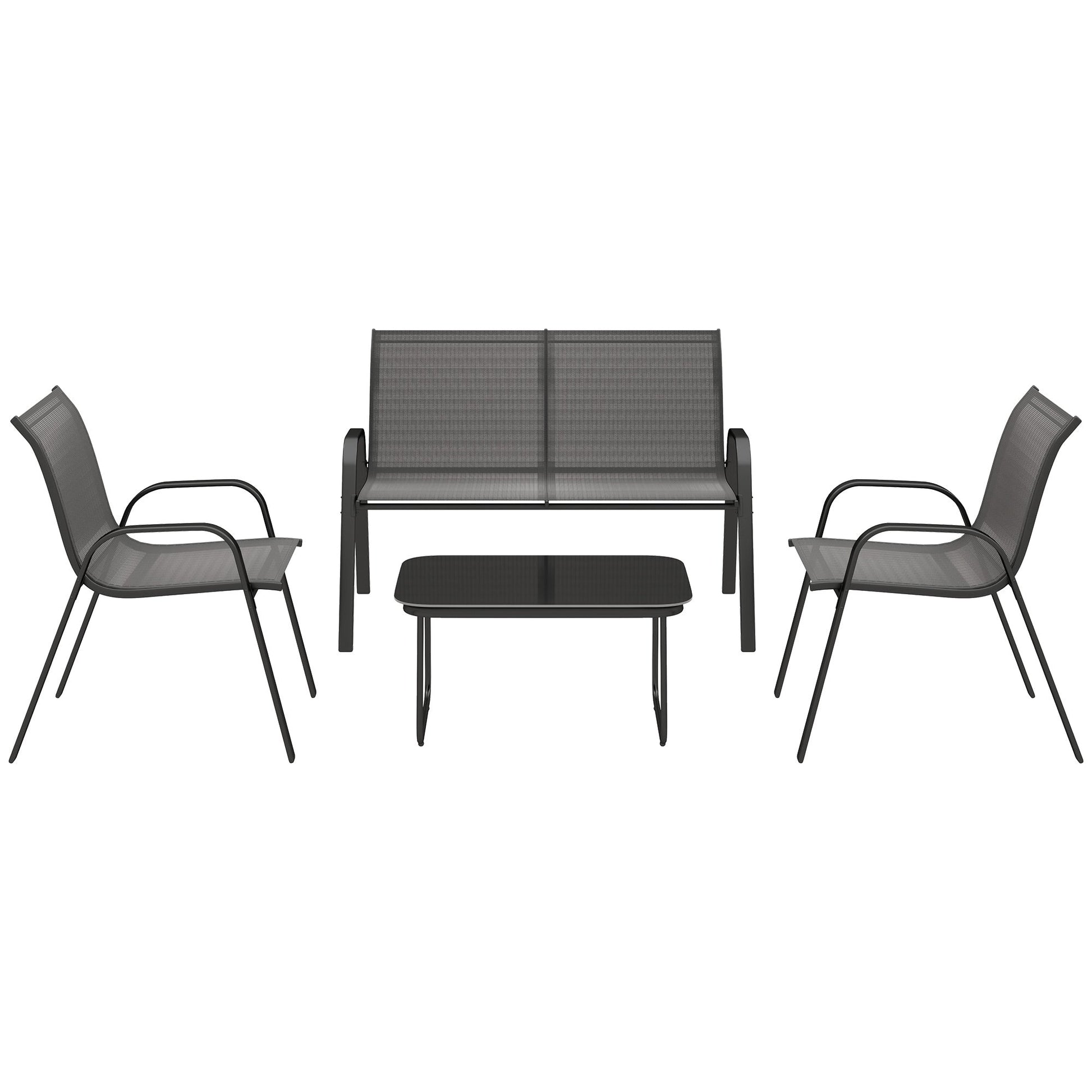 4 Pieces Patio Furniture Set with 2 Stackable Chairs and Loveseat, Outdoor Conversation Set with Glass Coffee Table, Mesh Fabric, Steel Frame for Backyard, Garden, Black