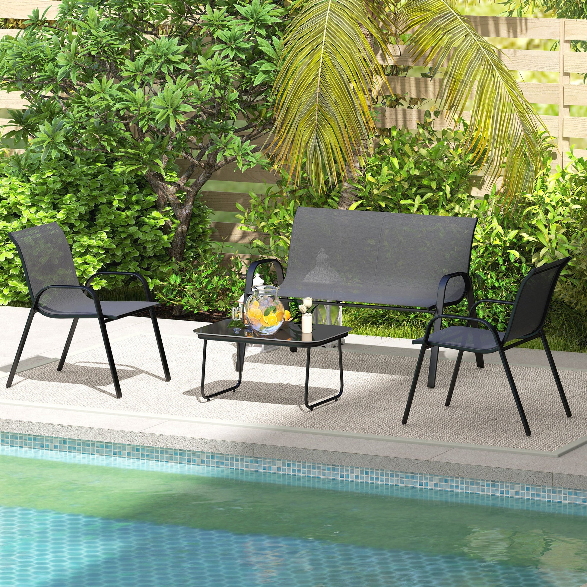 4 Pieces Patio Furniture Set with 2 Stackable Chairs and Loveseat, Outdoor Conversation Set with Glass Coffee Table, Mesh Fabric, Steel Frame for Backyard, Garden, Black