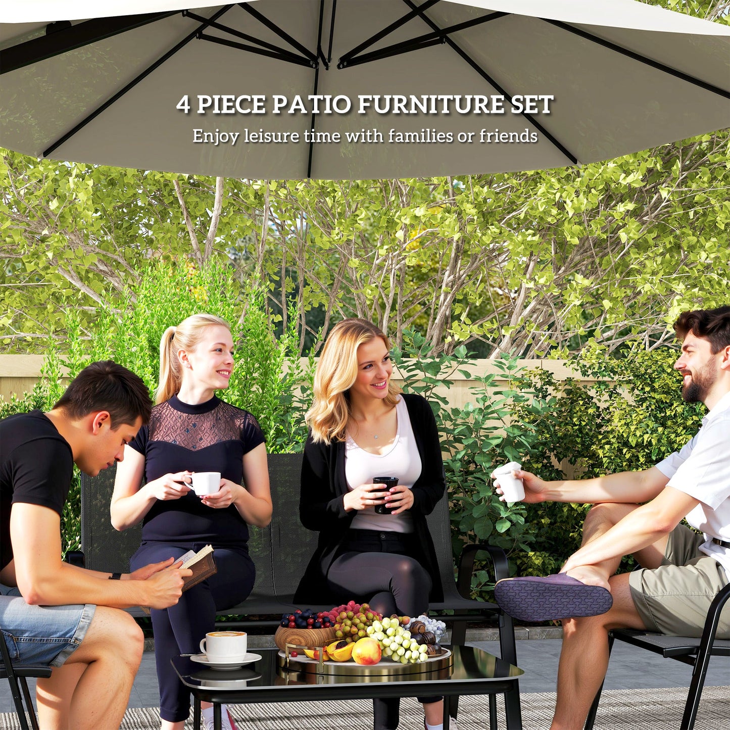 4 Pieces Patio Furniture Set with 2 Stackable Chairs and Loveseat, Outdoor Conversation Set with Glass Coffee Table, Mesh Fabric, Steel Frame for Backyard, Garden, Black