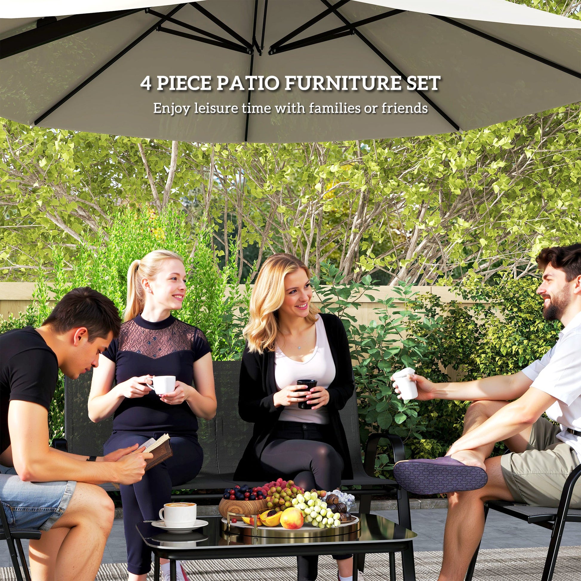 4 Pieces Patio Furniture Set with 2 Stackable Chairs and Loveseat, Outdoor Conversation Set with Glass Coffee Table, Mesh Fabric, Steel Frame for Backyard, Garden, Black