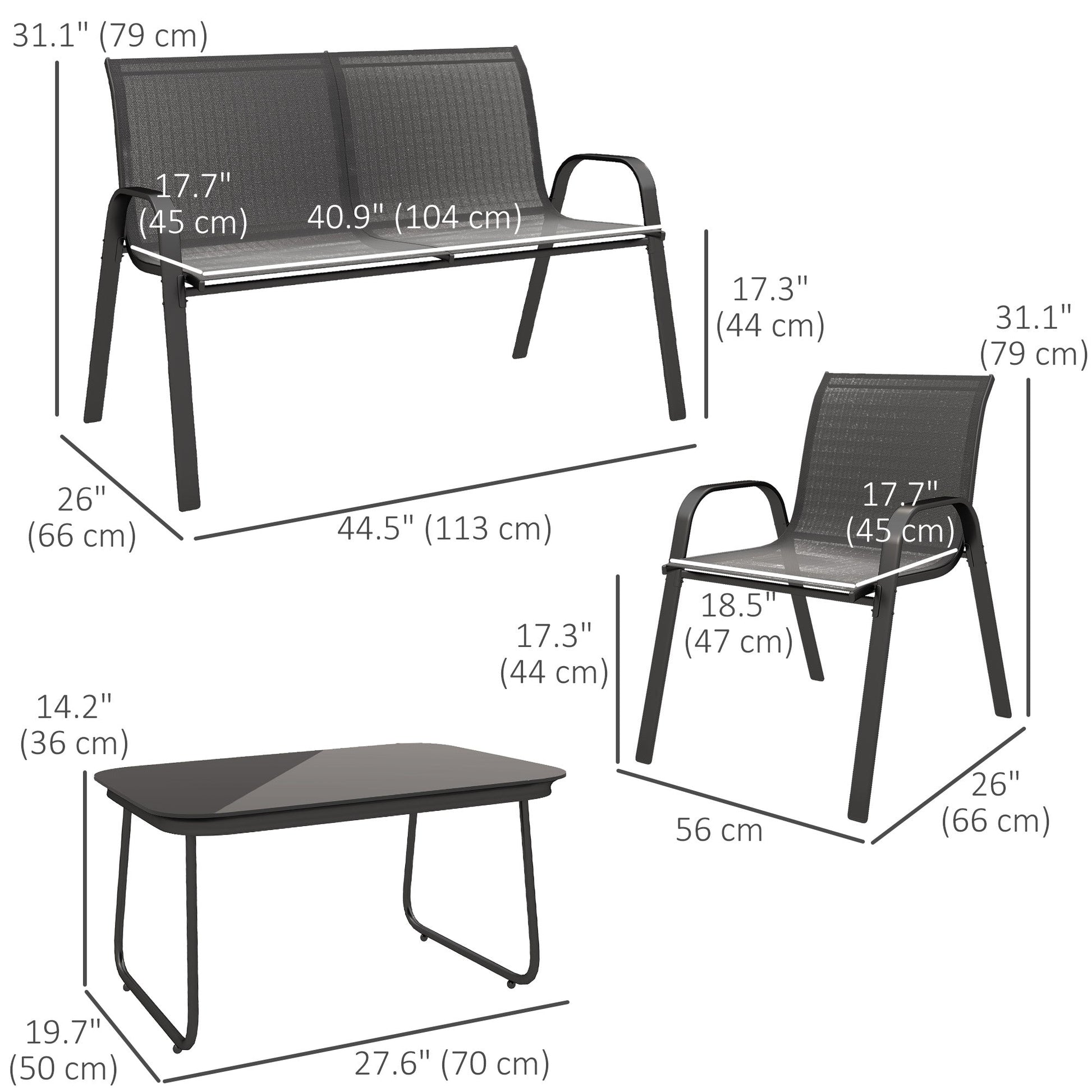 4 Pieces Patio Furniture Set with 2 Stackable Chairs and Loveseat, Outdoor Conversation Set with Glass Coffee Table, Mesh Fabric, Steel Frame for Backyard, Garden, Black