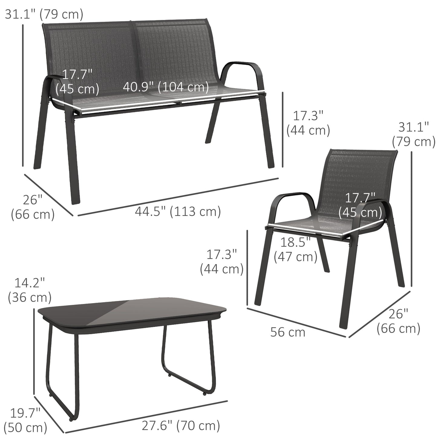 4 Pieces Patio Furniture Set with 2 Stackable Chairs and Loveseat, Outdoor Conversation Set with Glass Coffee Table, Mesh Fabric, Steel Frame for Backyard, Garden, Black