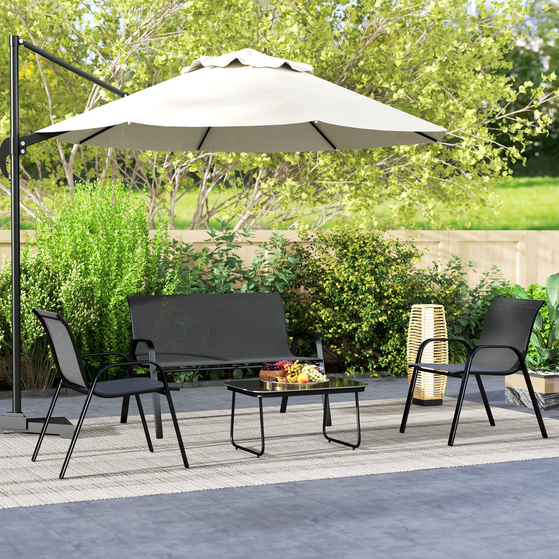 4 Pieces Patio Furniture Set with 2 Stackable Chairs and Loveseat, Outdoor Conversation Set with Glass Coffee Table, Mesh Fabric, Steel Frame for Backyard, Garden, Black