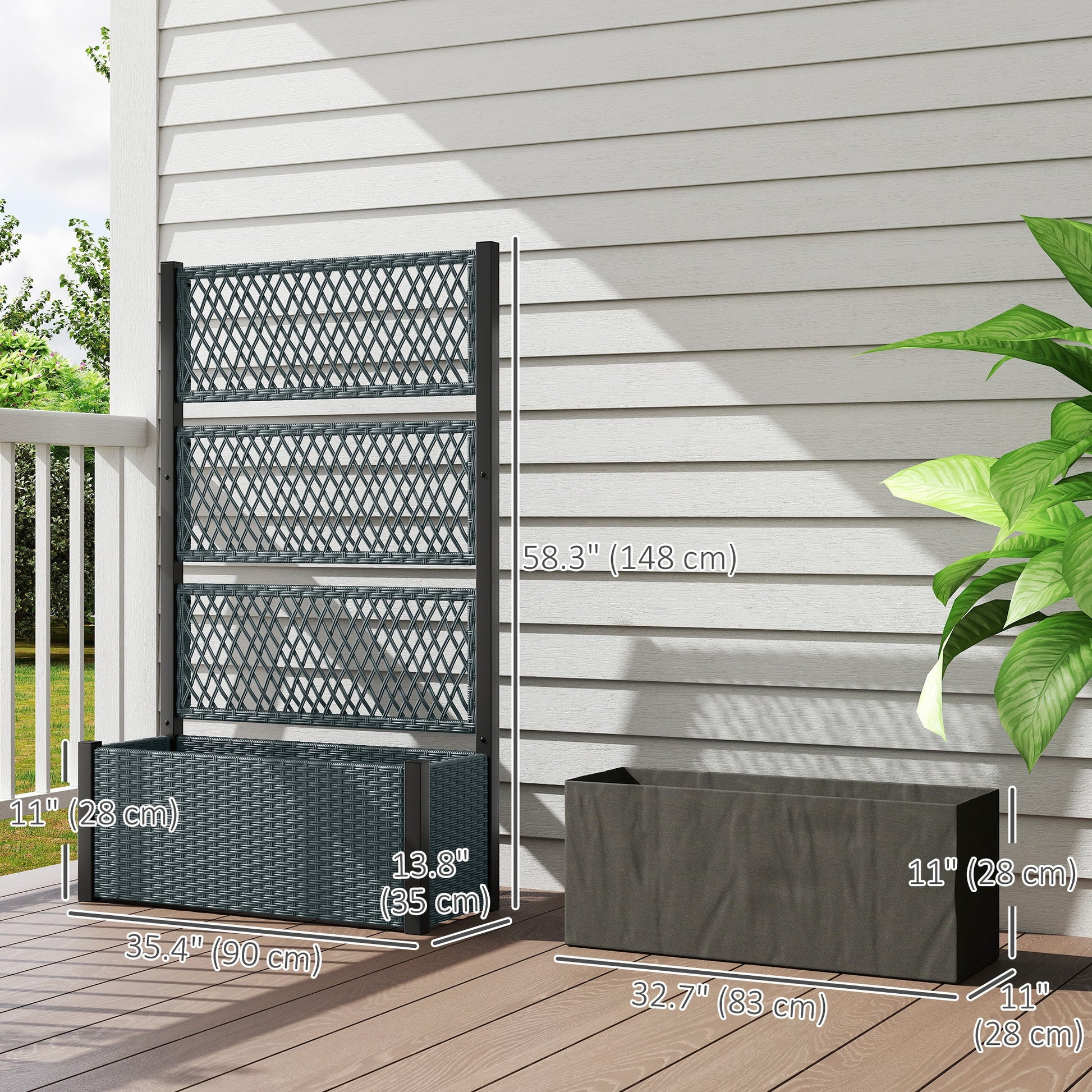 Wicker Outdoor Planter with Trellis, 58" Standing Raised Garden Bed with Liner, Drainage Holes, Privacy Screen Planter Box for Climbing Plants, Flowers, Dark Grey