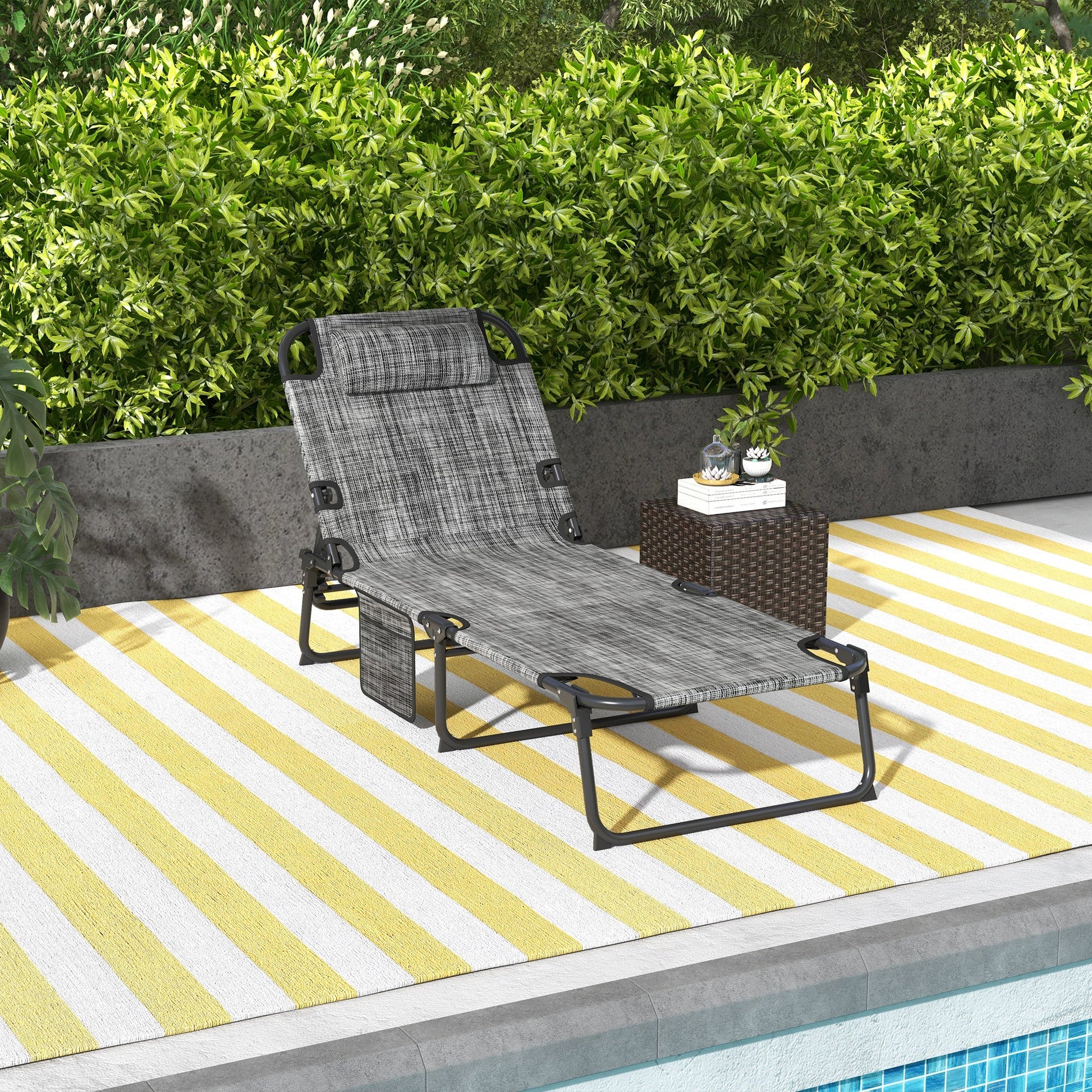 Folding Lounge Chair with 4-level Reclining Back, Outdoor Tanning Chair with Cushion, Sun Lounger with Breathable Mesh Fabric, Side Pocket, Headrest, Grey