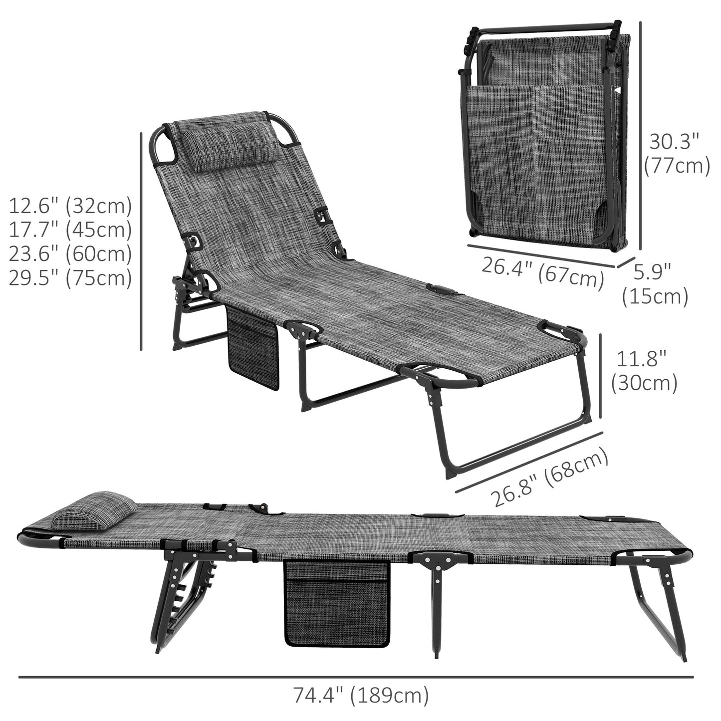 Folding Lounge Chair with 4-level Reclining Back, Outdoor Tanning Chair with Cushion, Sun Lounger with Breathable Mesh Fabric, Side Pocket, Headrest, Grey