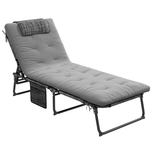 Folding Lounge Chair with 4-level Reclining Back, Outdoor Tanning Chair with Cushion, Sun Lounger with Breathable Mesh Fabric, Side Pocket, Headrest, Grey