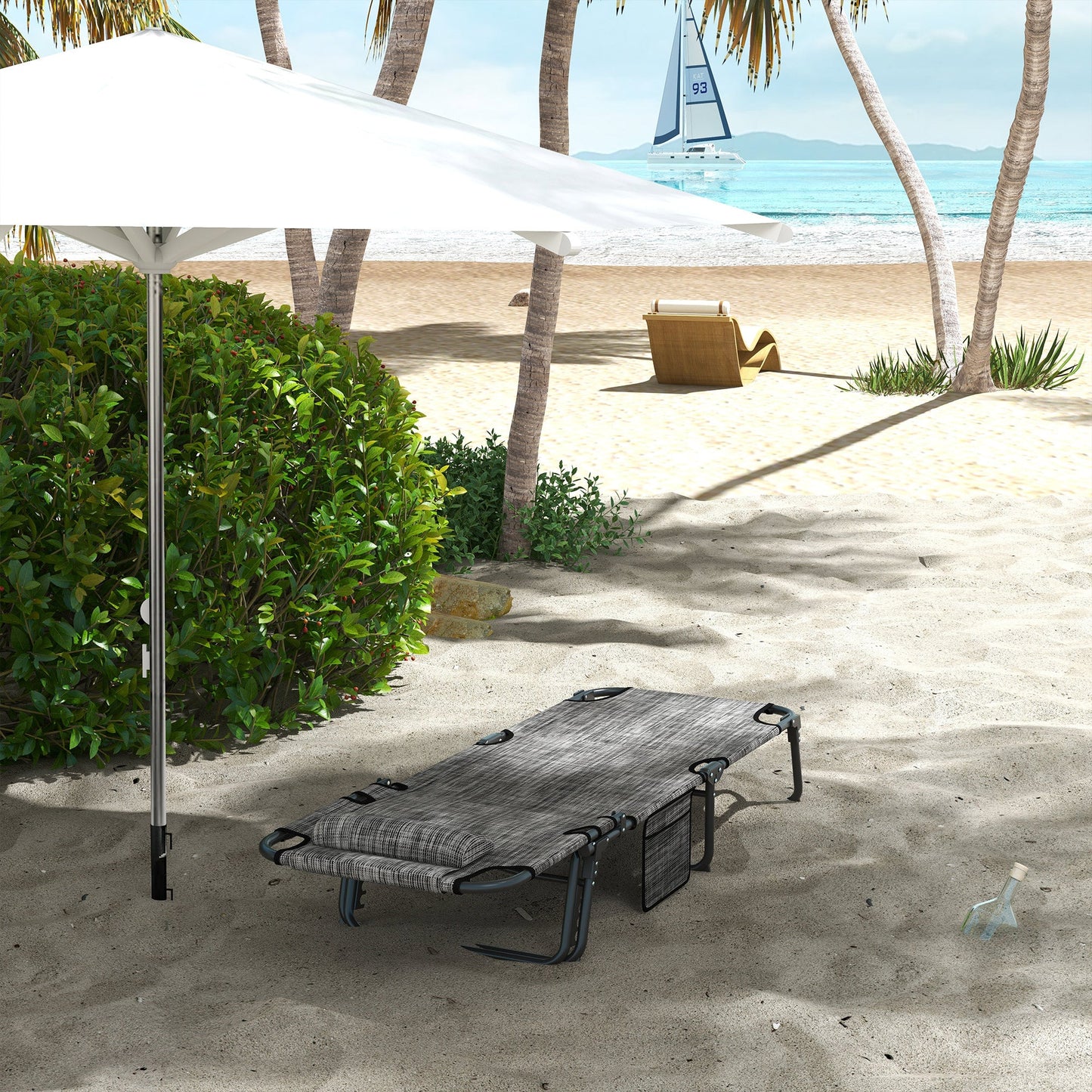Folding Lounge Chair with 4-level Reclining Back, Outdoor Tanning Chair with Cushion, Sun Lounger with Breathable Mesh Fabric, Side Pocket, Headrest, Grey