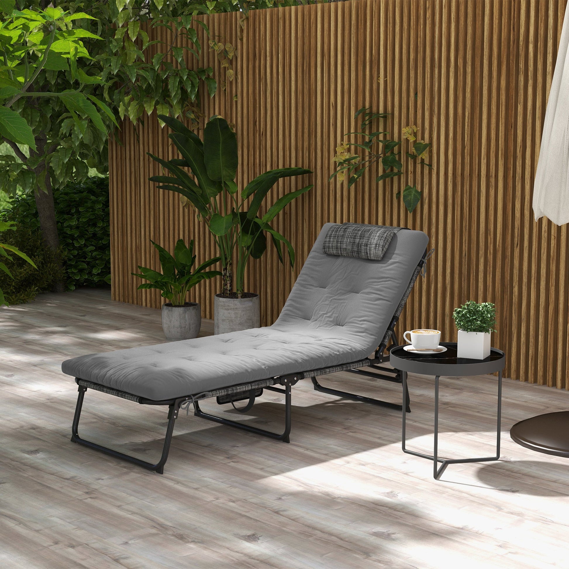 Folding Lounge Chair with 4-level Reclining Back, Outdoor Tanning Chair with Cushion, Sun Lounger with Breathable Mesh Fabric, Side Pocket, Headrest, Grey
