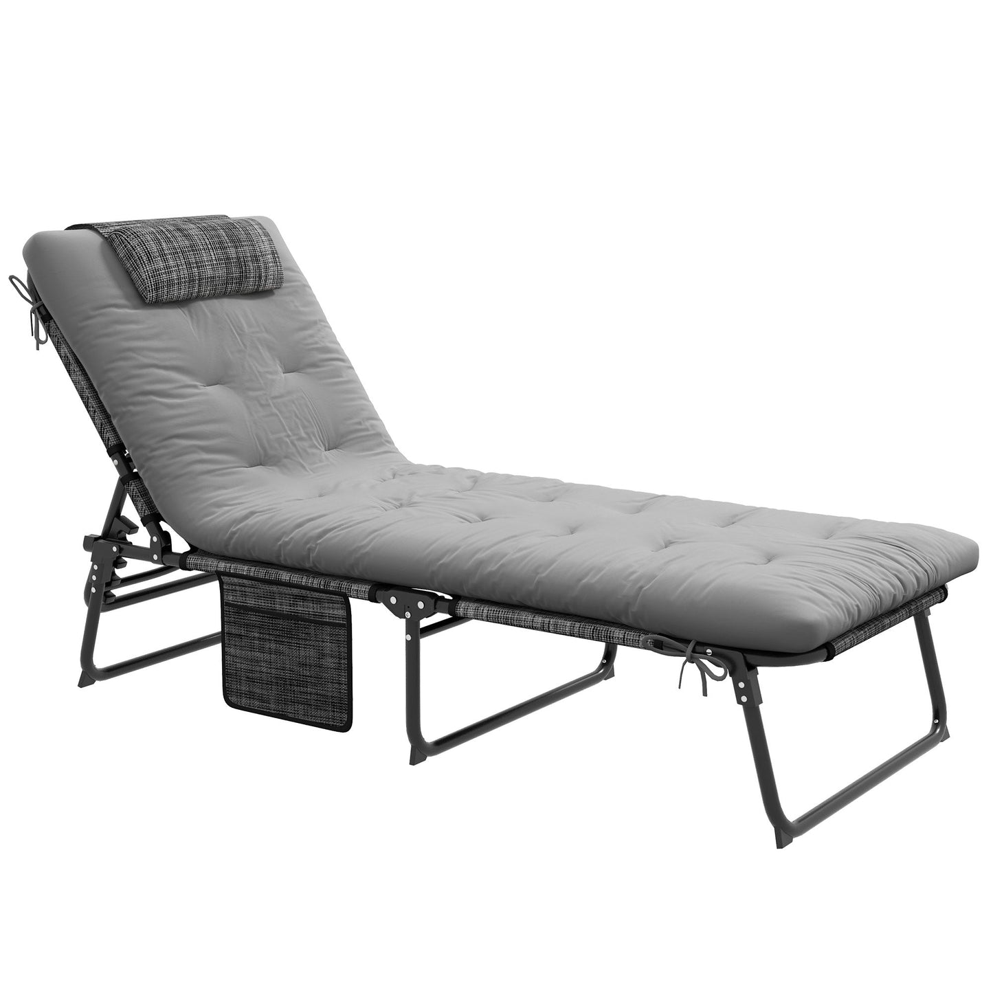Folding Lounge Chair with 4-level Reclining Back, Outdoor Tanning Chair with Cushion, Sun Lounger with Breathable Mesh Fabric, Side Pocket, Headrest, Grey