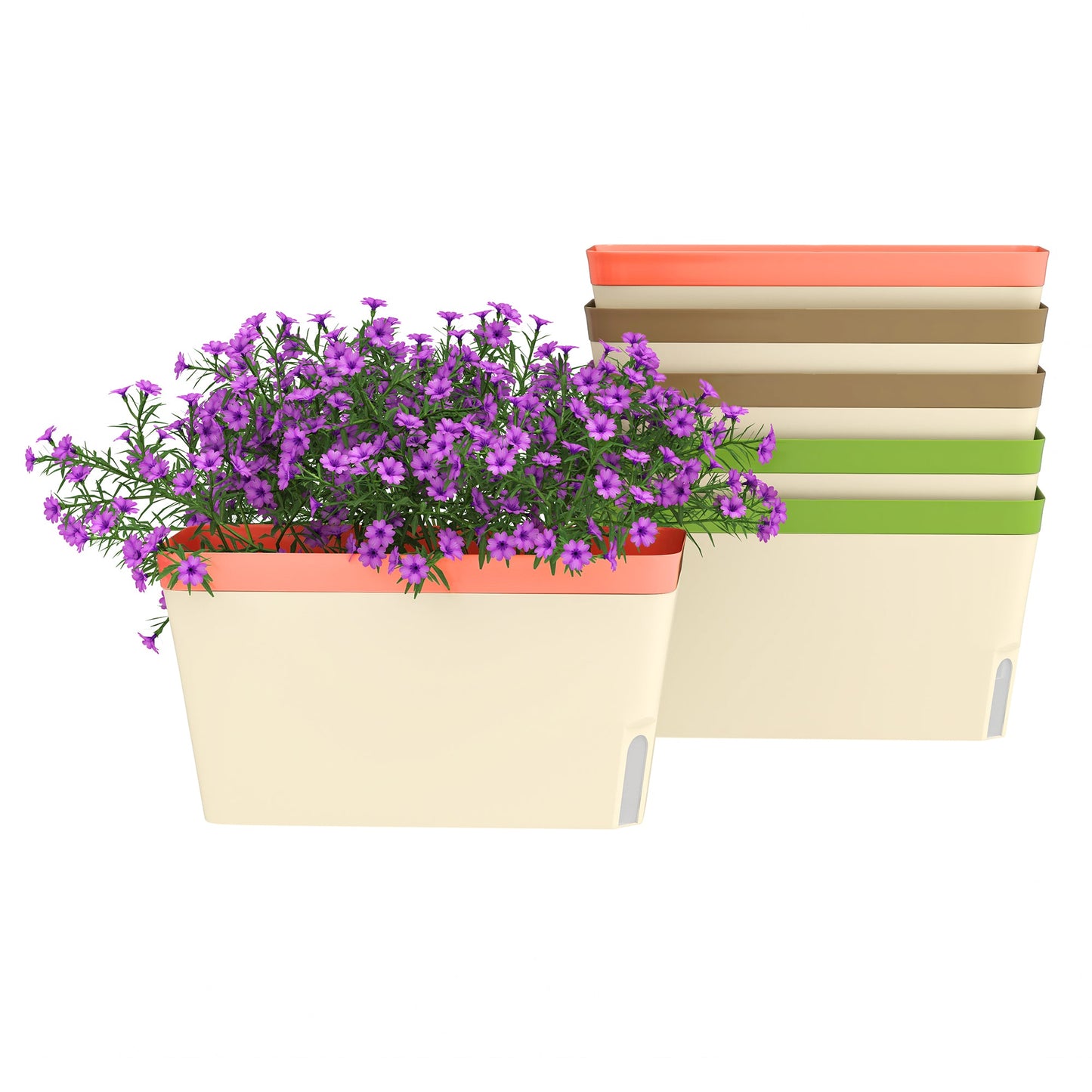 6 Pack Self Watering Planter Box, 10.5 Inch Outdoor Flower Pots with Water Level Indicator, Plastic Planter Pots for Herbs, Vegetables, Flowers, Succulents Plants