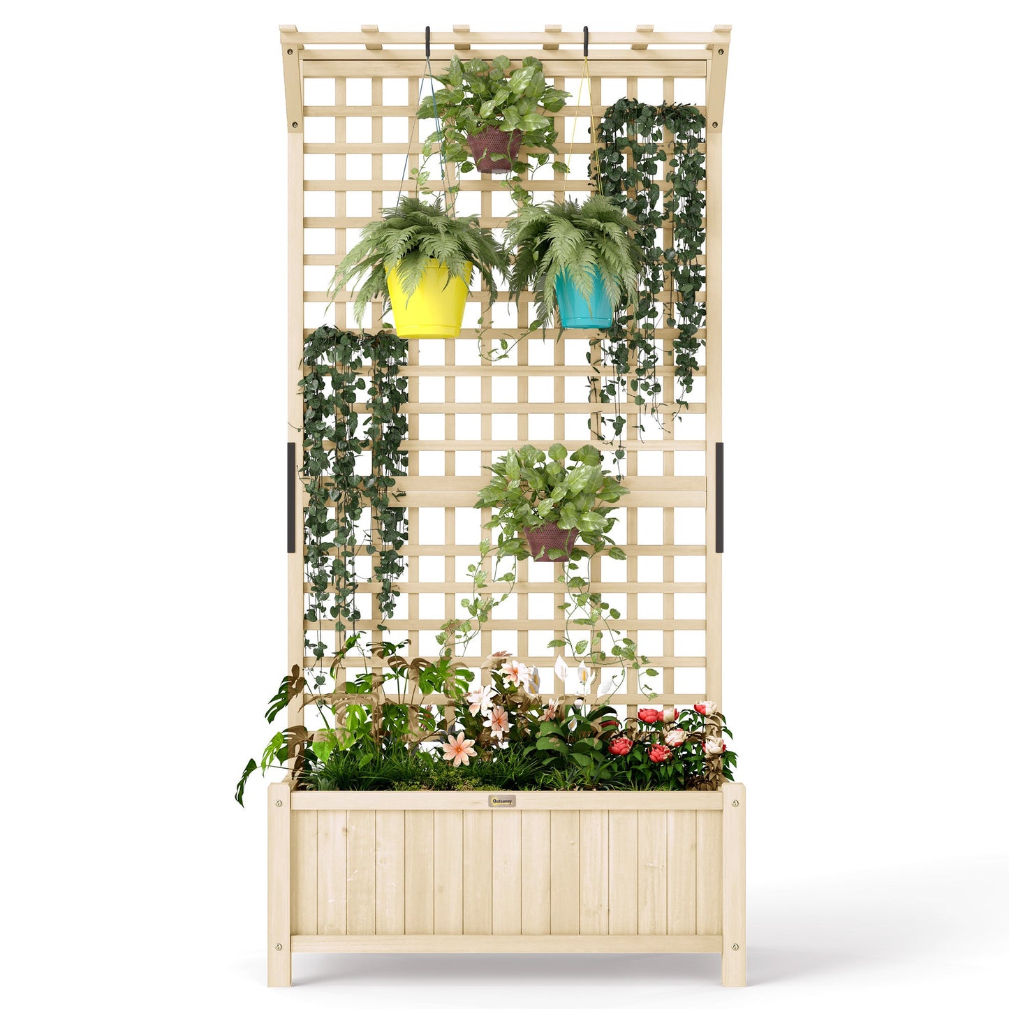 Raised Garden Bed, Wood Planter with Trellis for Vine Climbing, Privacy Screen Planter Box to Grow Vegetables, Herbs, and Flowers for Backyard, Patio, Deck, Natural Wood
