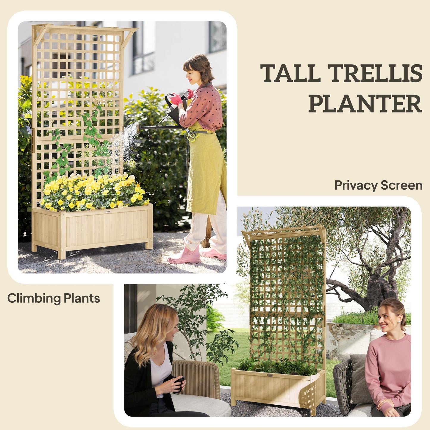 Raised Garden Bed, Wood Planter with Trellis for Vine Climbing, Privacy Screen Planter Box to Grow Vegetables, Herbs, and Flowers for Backyard, Patio, Deck, Natural Wood