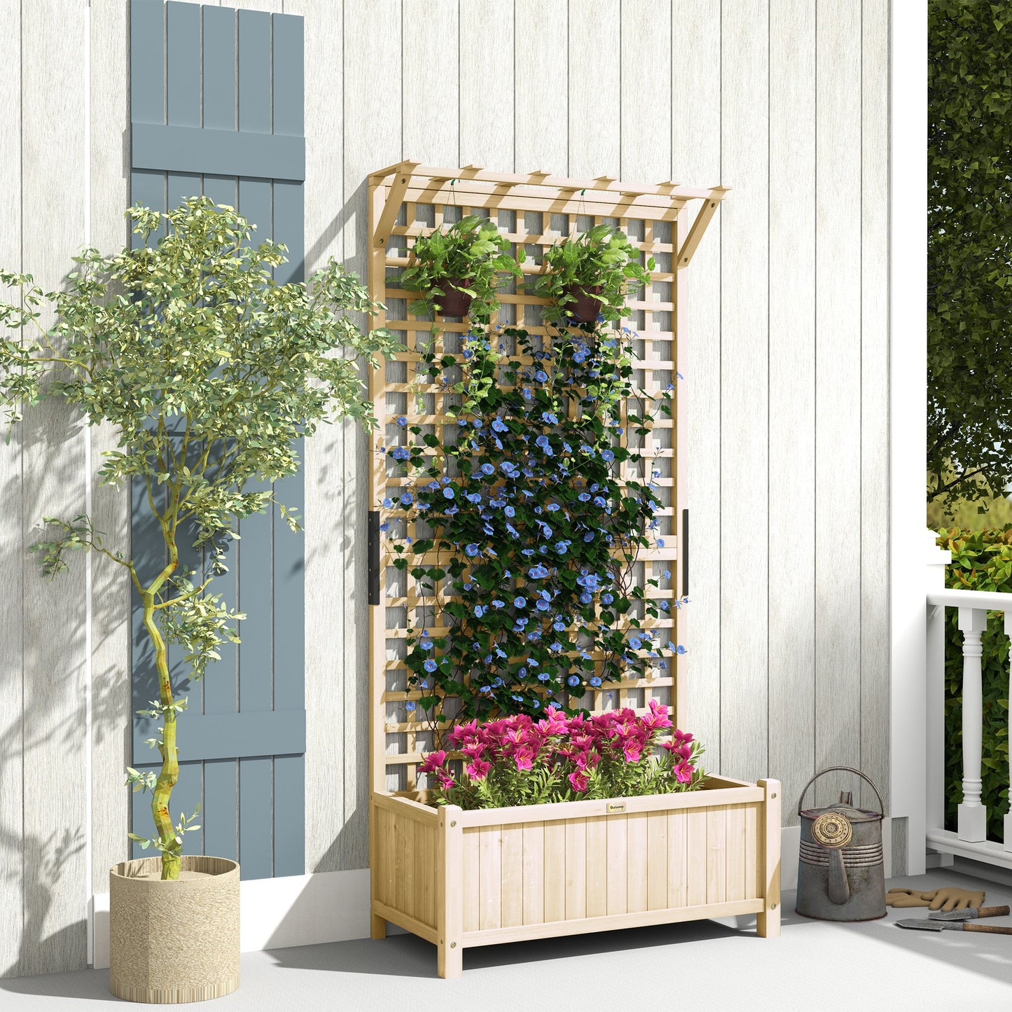 Raised Garden Bed, Wood Planter with Trellis for Vine Climbing, Privacy Screen Planter Box to Grow Vegetables, Herbs, and Flowers for Backyard, Patio, Deck, Natural Wood