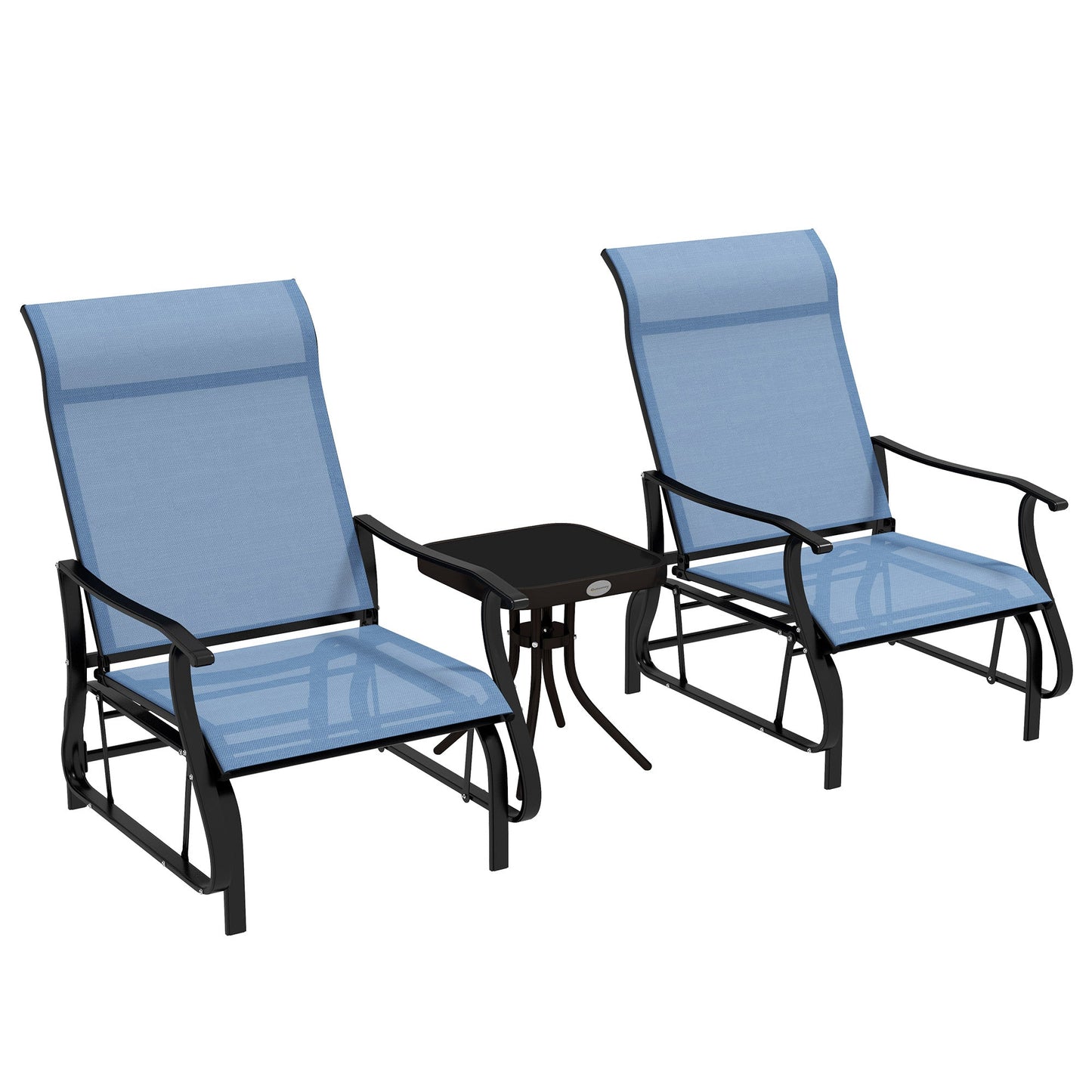 3PCs Glider Rocking Chairs with Table, Outdoor Gliders with Steel Frame, Mesh Seat, Tempered Glass Table Top for Patio, Garden, Backyard, Deck, Porch, Light Blue
