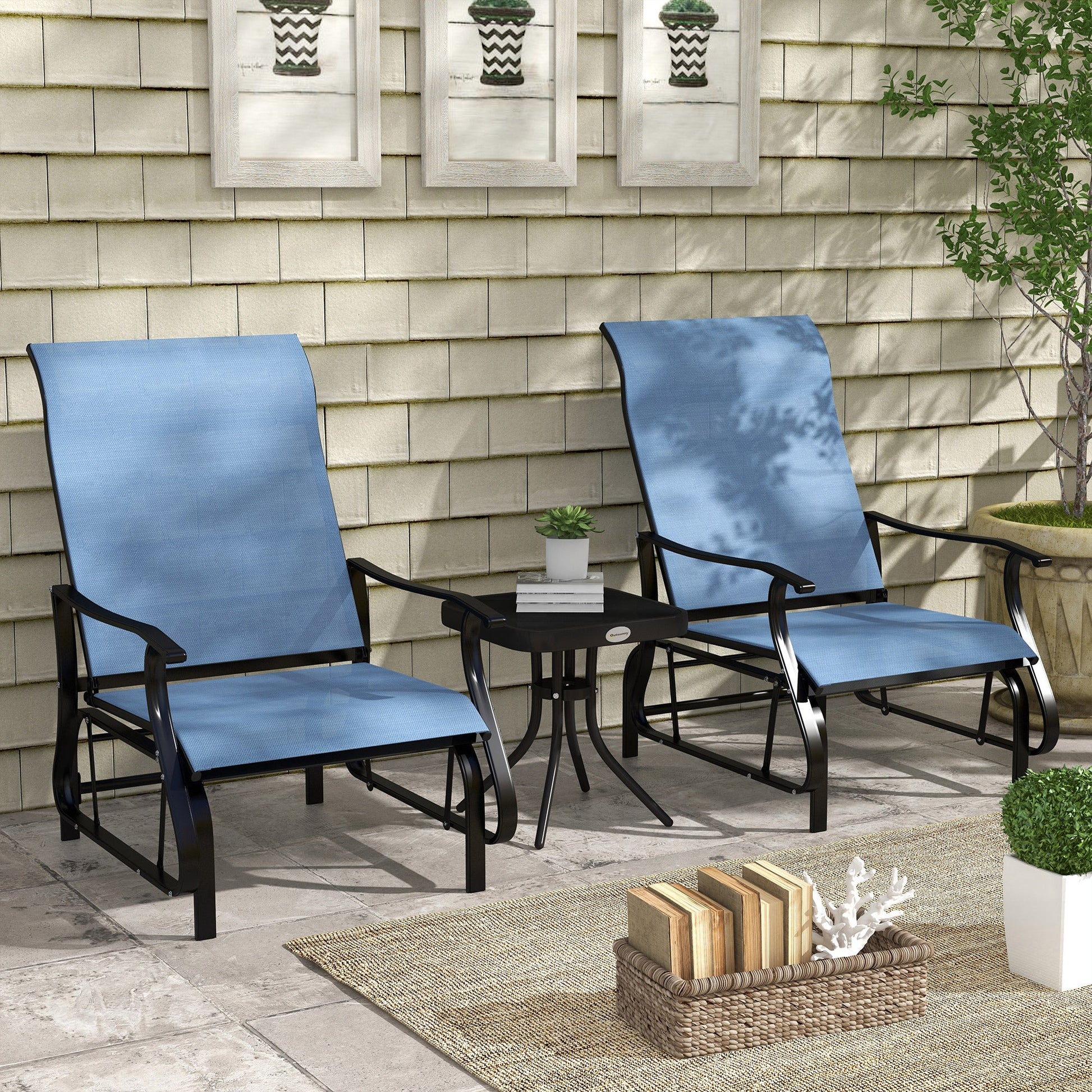 3PCs Glider Rocking Chairs with Table, Outdoor Gliders with Steel Frame, Mesh Seat, Tempered Glass Table Top for Patio, Garden, Backyard, Deck, Porch, Light Blue