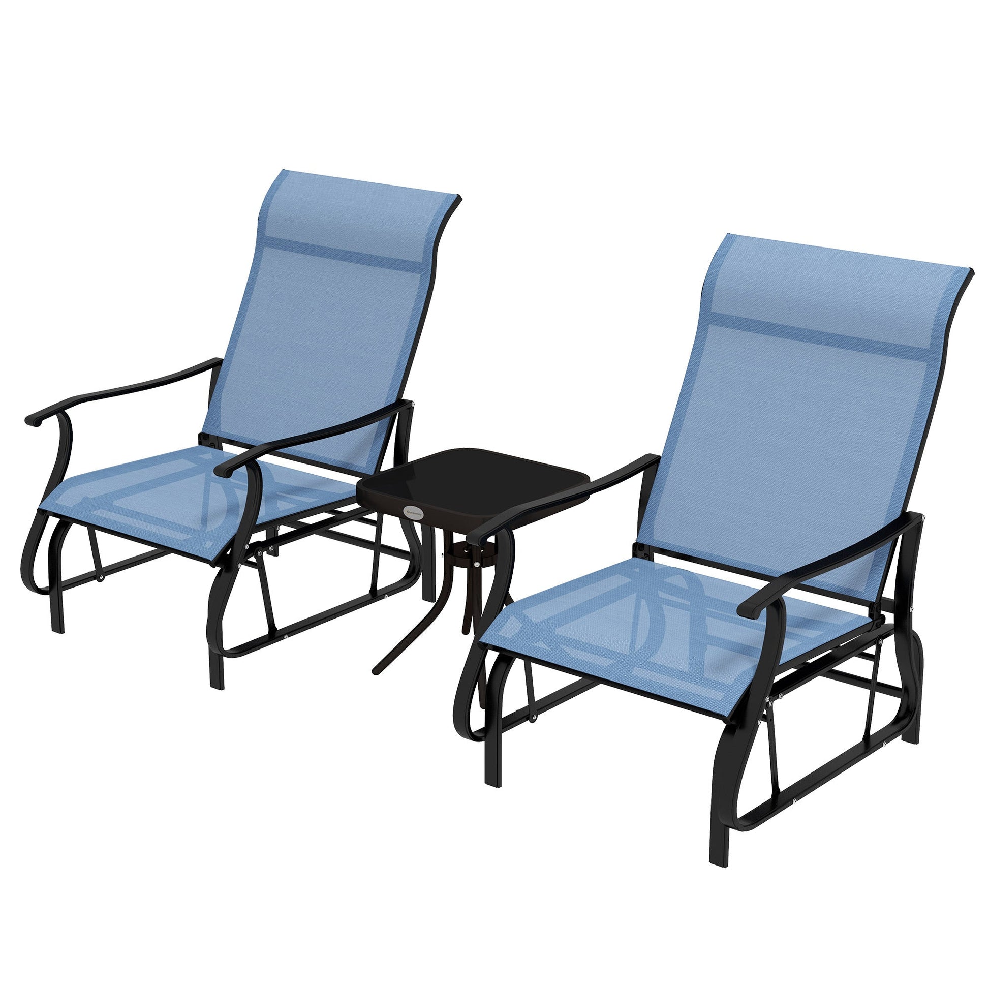 3PCs Glider Rocking Chairs with Table, Outdoor Gliders with Steel Frame, Mesh Seat, Tempered Glass Table Top for Patio, Garden, Backyard, Deck, Porch, Light Blue