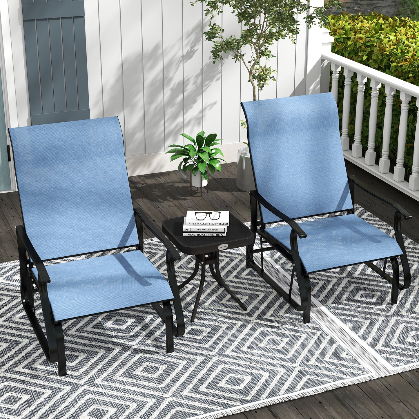 3PCs Glider Rocking Chairs with Table, Outdoor Gliders with Steel Frame, Mesh Seat, Tempered Glass Table Top for Patio, Garden, Backyard, Deck, Porch, Light Blue
