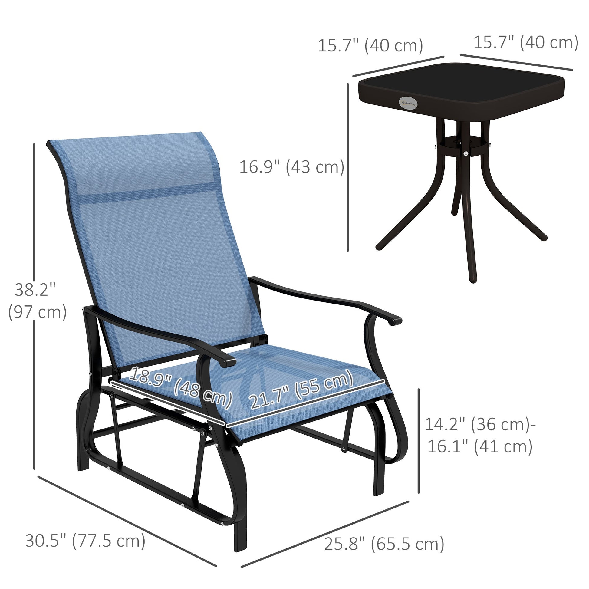 3PCs Glider Rocking Chairs with Table, Outdoor Gliders with Steel Frame, Mesh Seat, Tempered Glass Table Top for Patio, Garden, Backyard, Deck, Porch, Light Blue