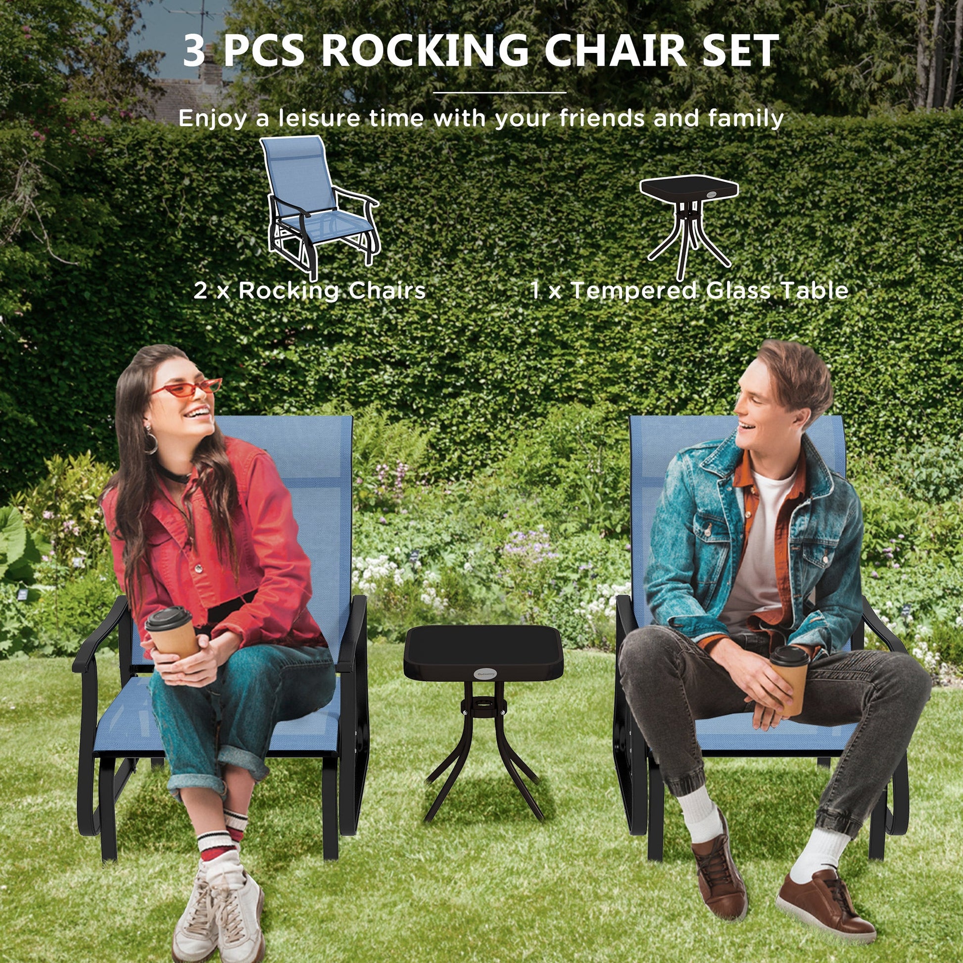 3PCs Glider Rocking Chairs with Table, Outdoor Gliders with Steel Frame, Mesh Seat, Tempered Glass Table Top for Patio, Garden, Backyard, Deck, Porch, Light Blue