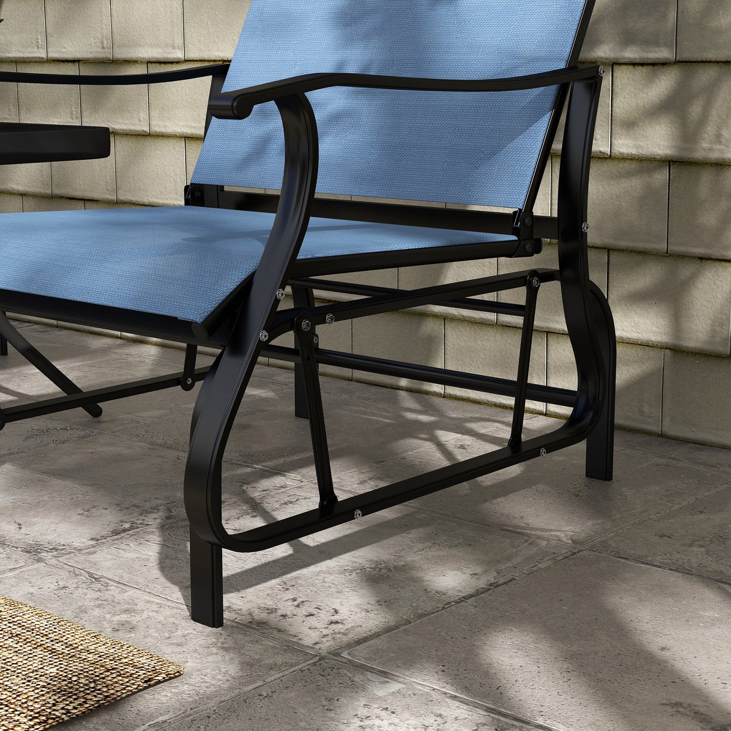 3PCs Glider Rocking Chairs with Table, Outdoor Gliders with Steel Frame, Mesh Seat, Tempered Glass Table Top for Patio, Garden, Backyard, Deck, Porch, Light Blue