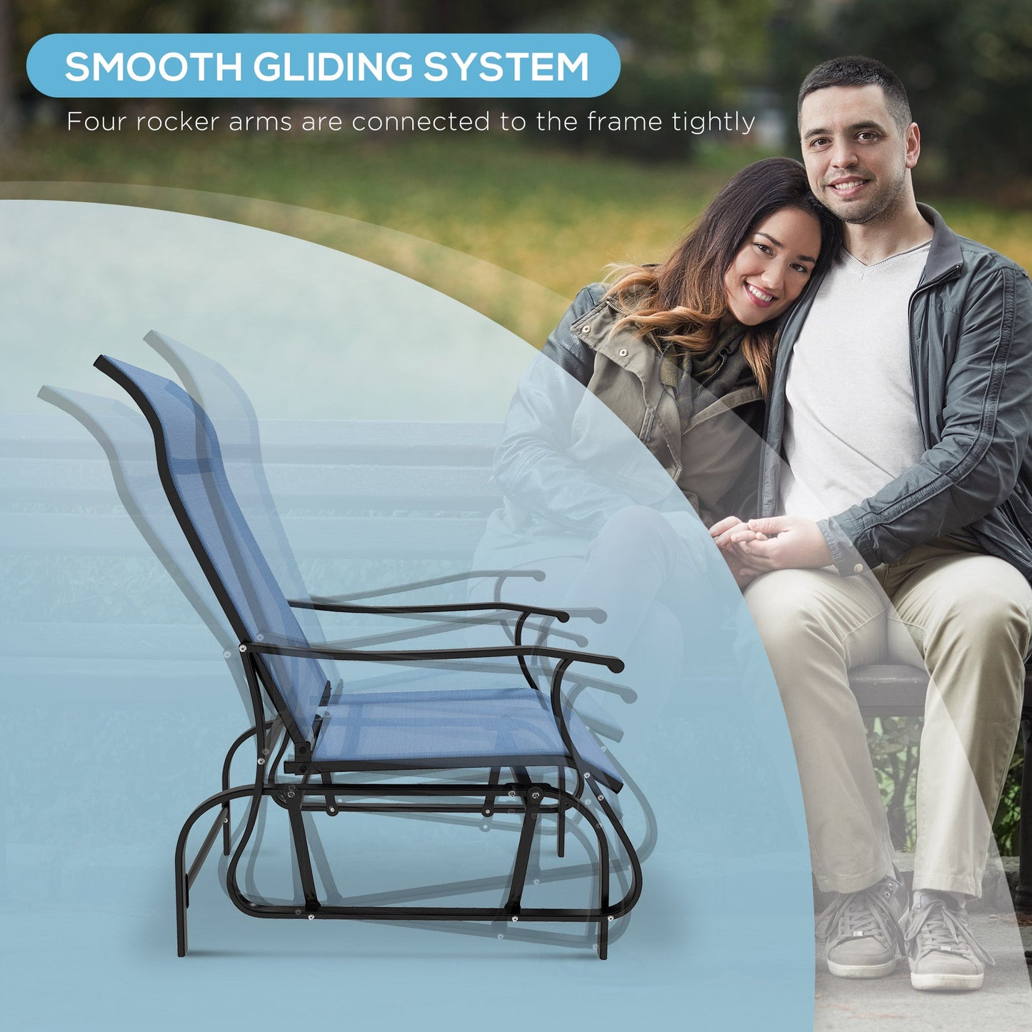 3PCs Glider Rocking Chairs with Table, Outdoor Gliders with Steel Frame, Mesh Seat, Tempered Glass Table Top for Patio, Garden, Backyard, Deck, Porch, Light Blue
