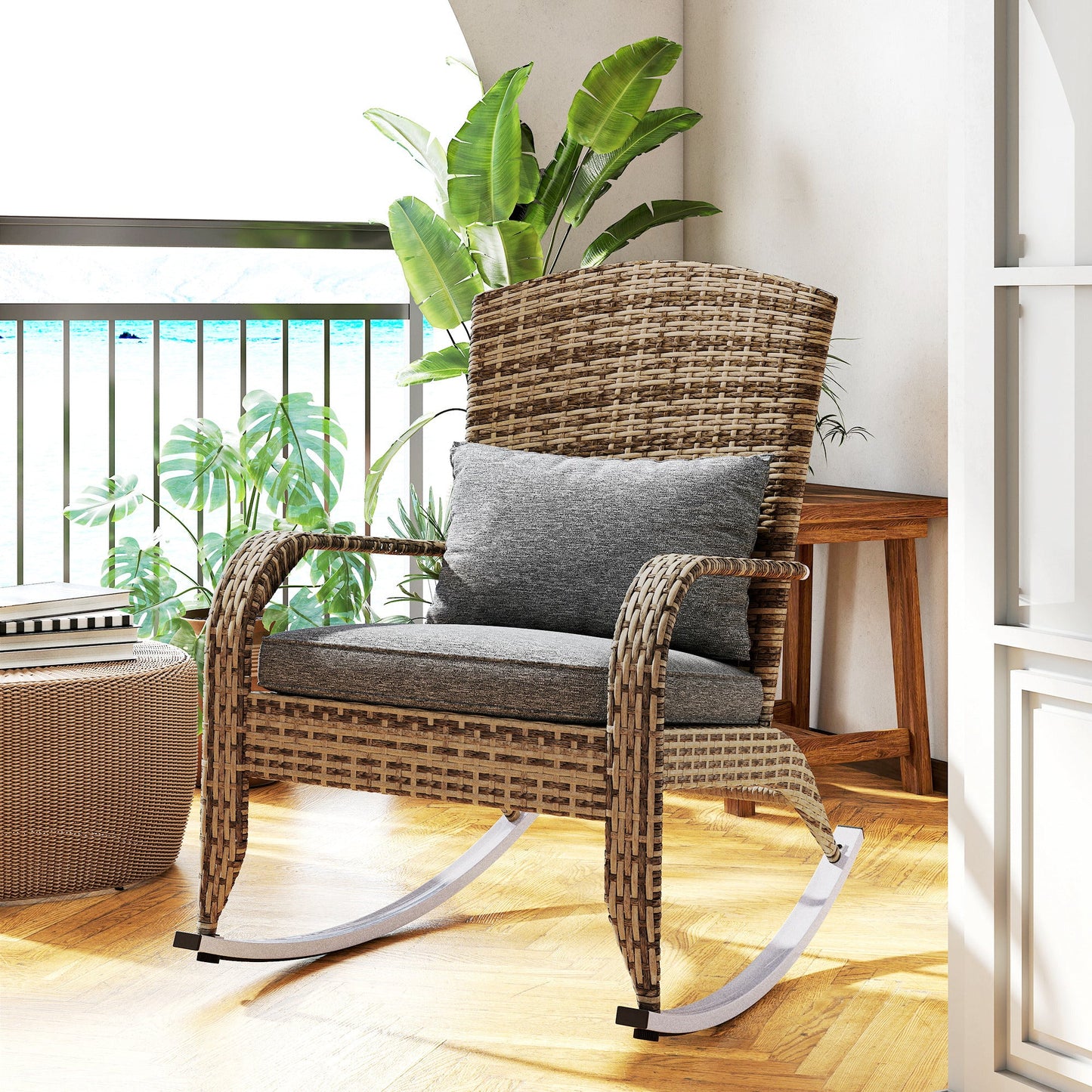 Outdoor Wicker Adirondack Rocking Chair, Patio Rattan Rocker Chair with High Back, Seat Cushion and Pillow for Garden, Porch, Balcony, Grey/Mixed Yellow