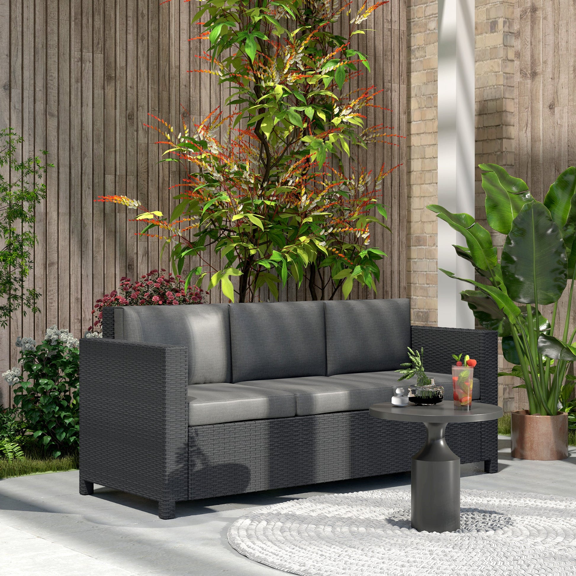 Deluxe 3 Seat Rattan Wicker Sofa Garden Outdoor Patio Furniture with Cushion, Grey