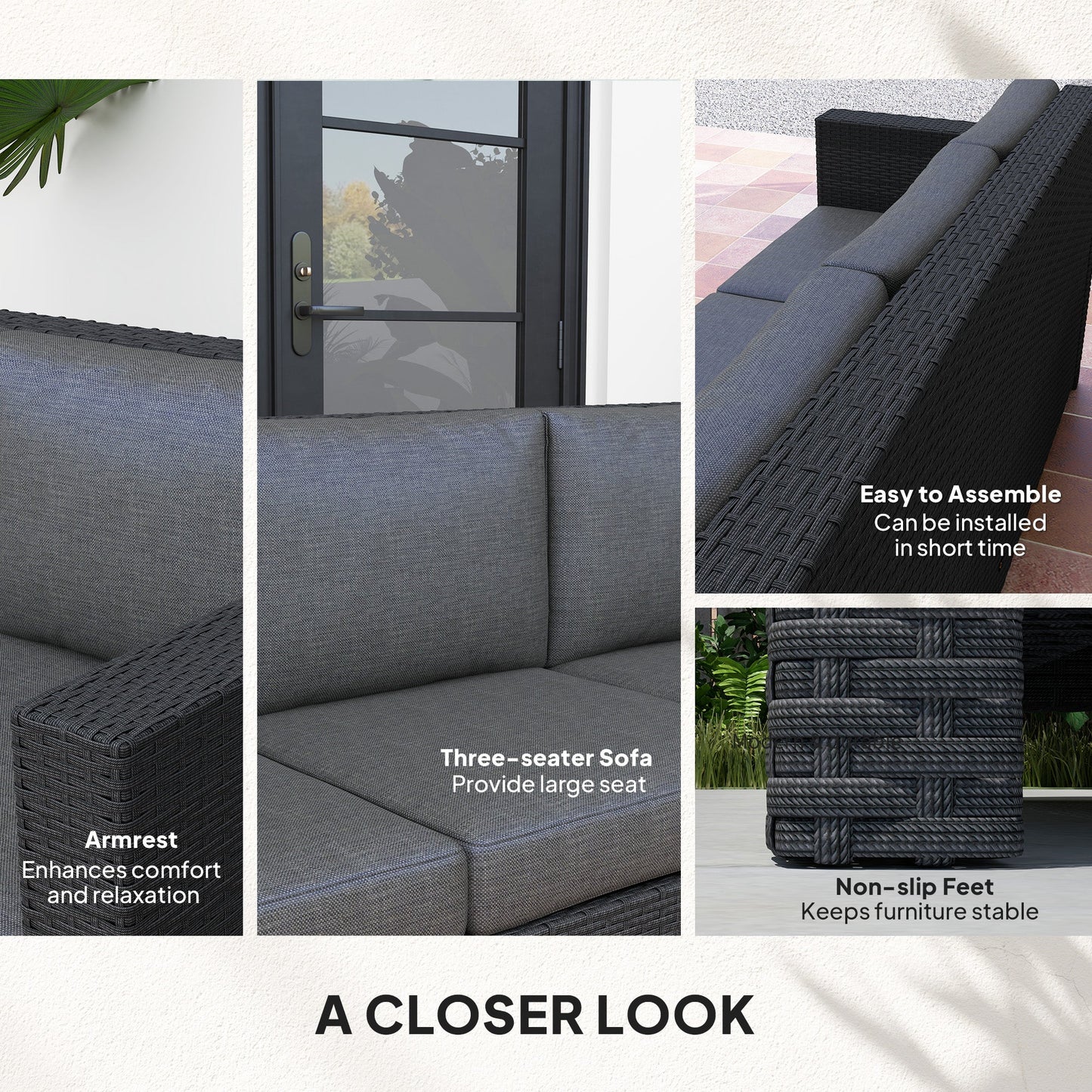Deluxe 3 Seat Rattan Wicker Sofa Garden Outdoor Patio Furniture with Cushion, Grey