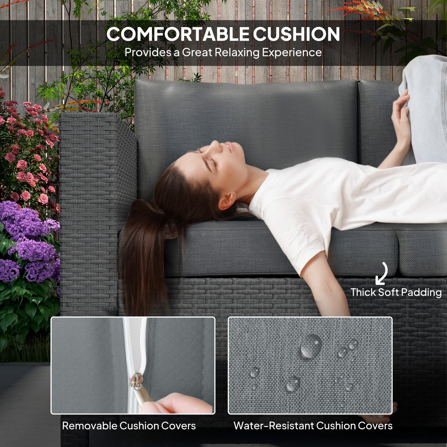 Deluxe 3 Seat Rattan Wicker Sofa Garden Outdoor Patio Furniture with Cushion, Grey