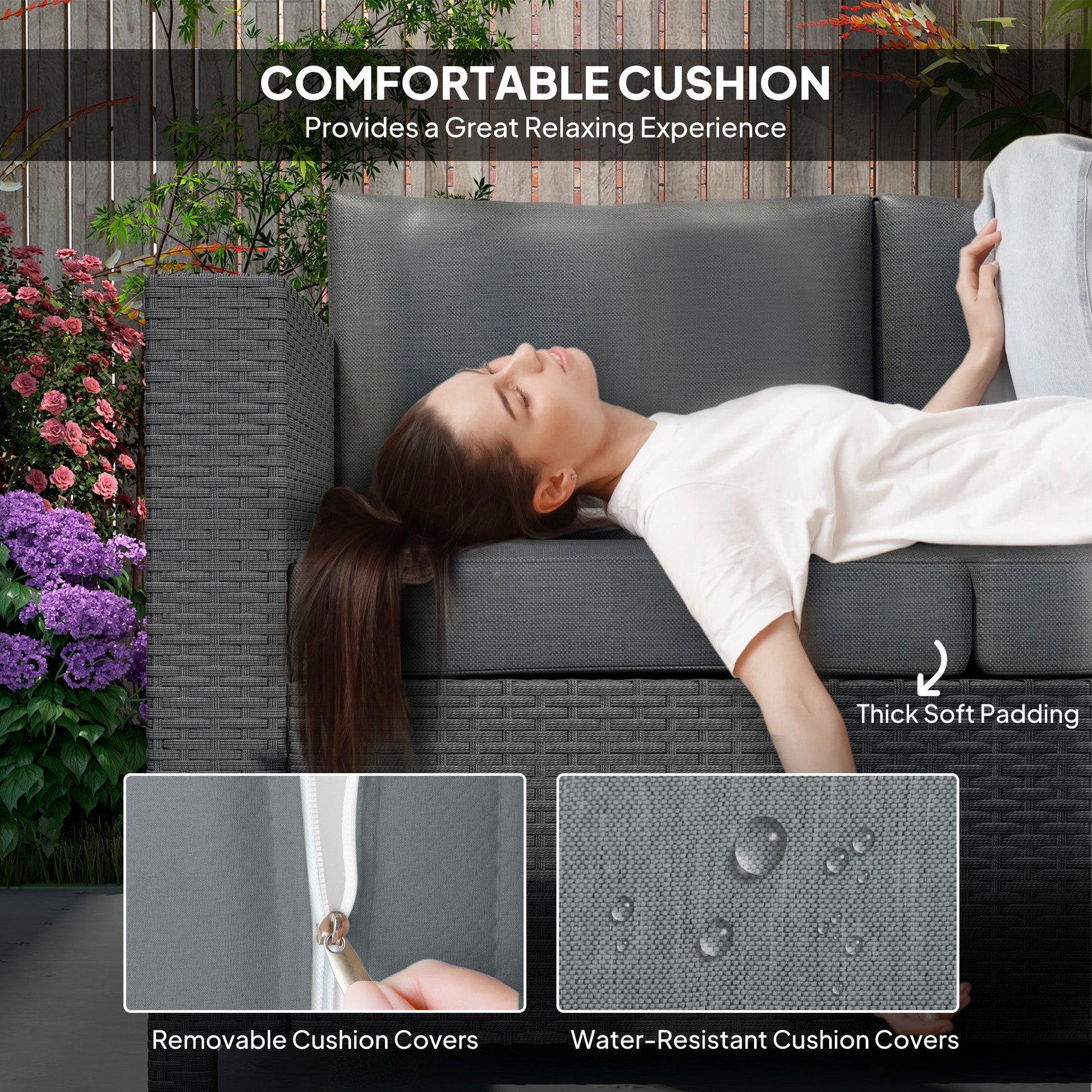 Deluxe 3 Seat Rattan Wicker Sofa Garden Outdoor Patio Furniture with Cushion, Grey
