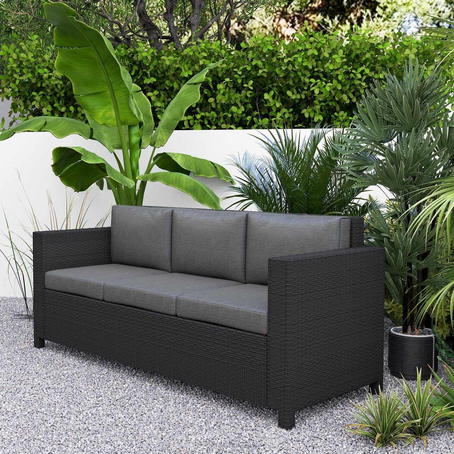 Deluxe 3 Seat Rattan Wicker Sofa Garden Outdoor Patio Furniture with Cushion, Grey